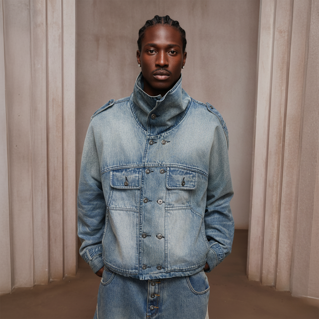 DND4DES Washed Double-Breasted Multi-Pocket Denim Bomber-Jacket-S (Preorder)-Free Shipping Leatheretro