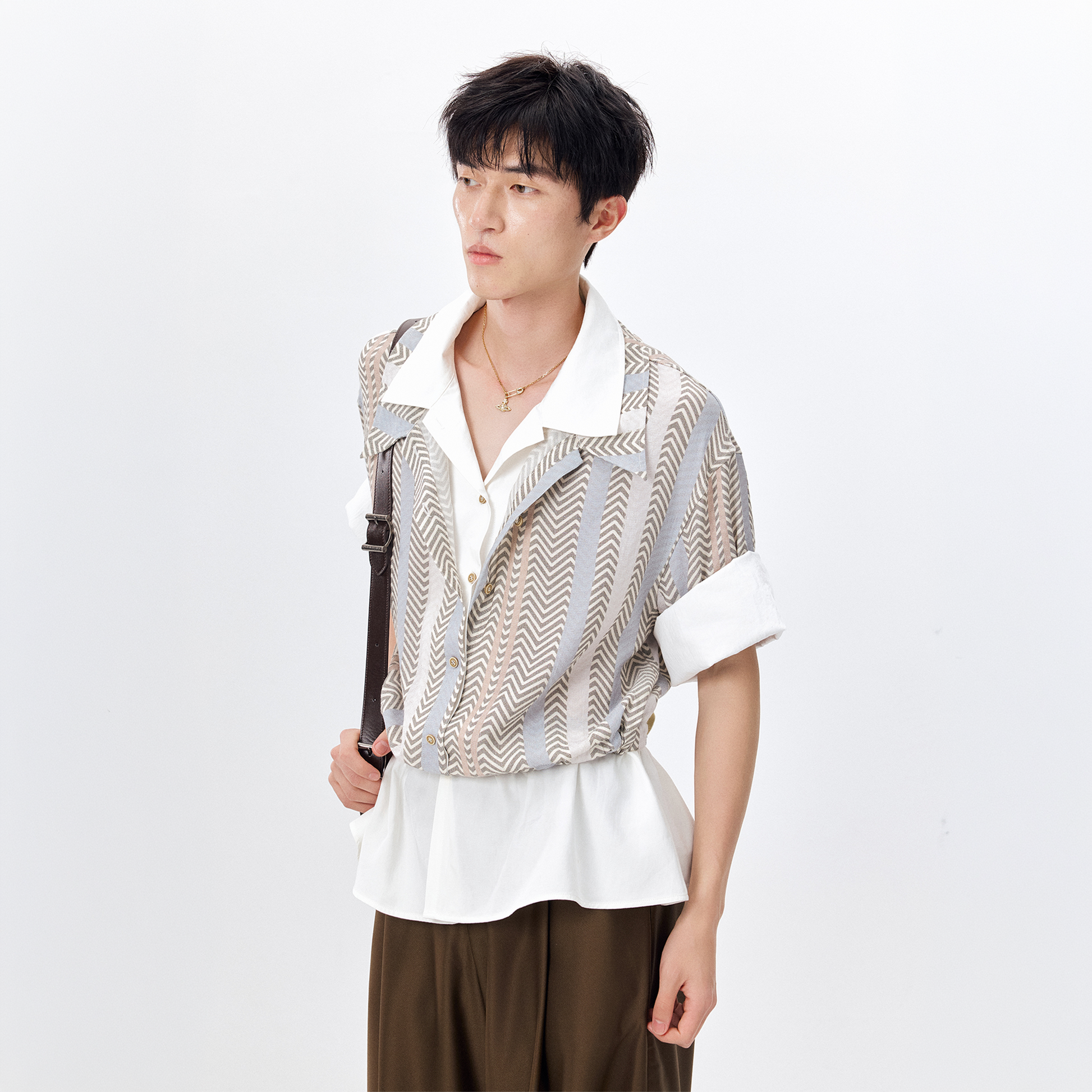 TUIMU Layered Camp Collar Striped Shirt-Half shirt-S (Preorder)-Free Shipping Leatheretro