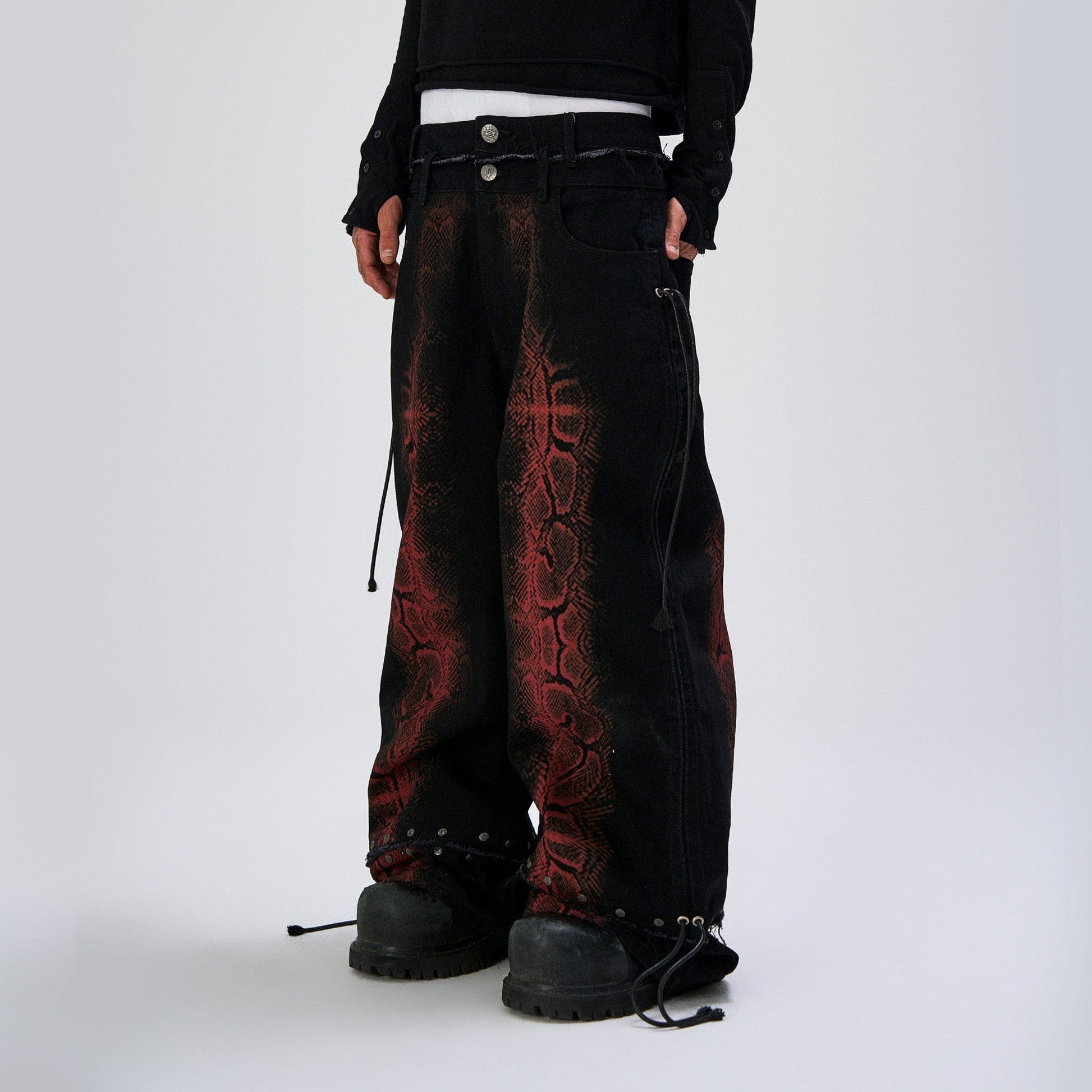 FLYERRER Washed Contrast Snakeskin Drawcord Wide-Leg Jeans-Jeans-S (Preorder)-Free Shipping Leatheretro