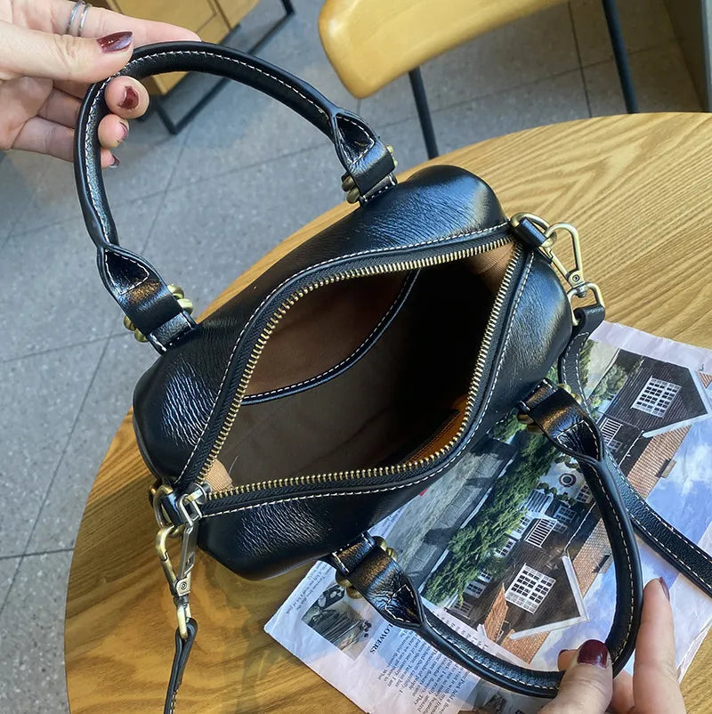 Genuine Leather Shoulder Messenger Bag - First Layer Cowhide Sandwich Zipper Bags-Messenger Bag-Black-Free Shipping Leatheretro