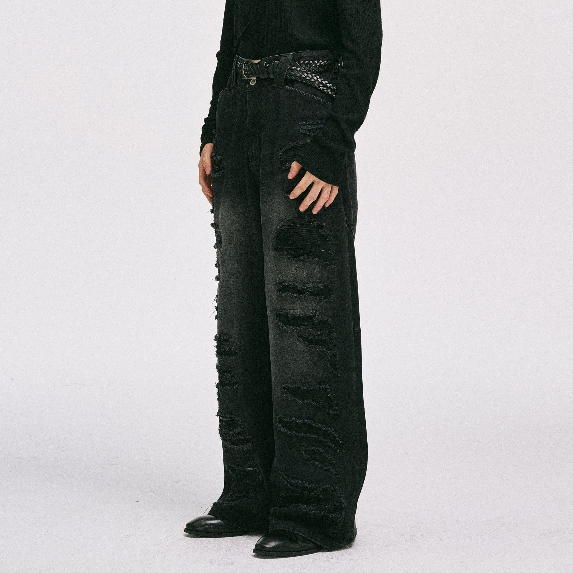 CATSSTAC Ripped Washed Faux-Leather Panel Wide-Leg Jeans-Jeans-M-Free Shipping Leatheretro