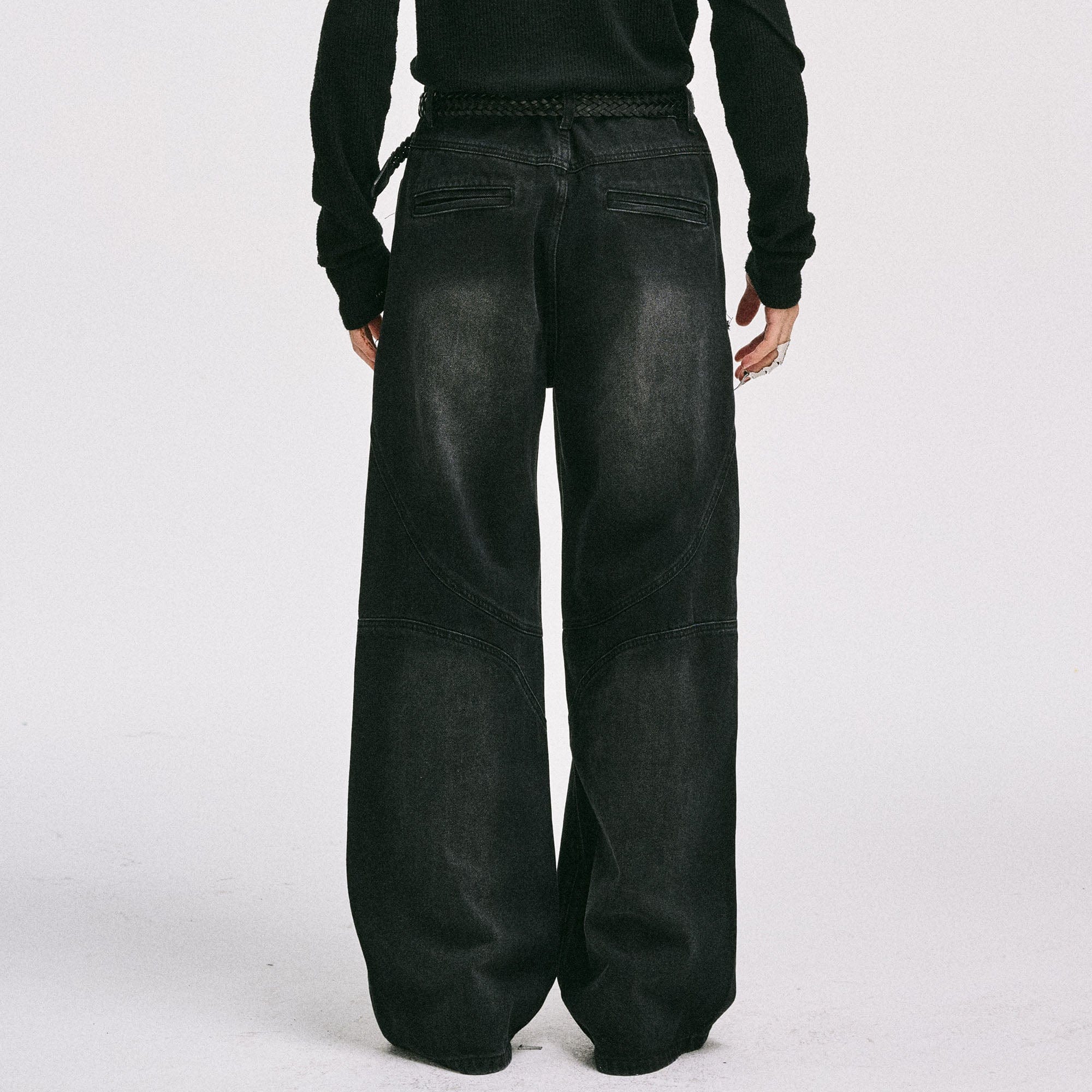 CATSSTAC Ripped Washed Faux-Leather Panel Wide-Leg Jeans-Jeans-M-Free Shipping Leatheretro