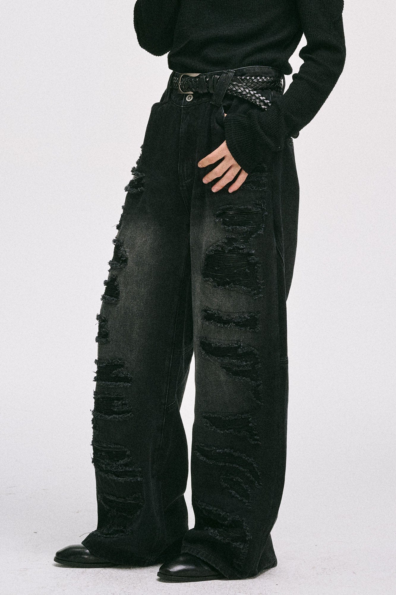 CATSSTAC Ripped Washed Faux-Leather Panel Wide-Leg Jeans-Jeans-M-Free Shipping Leatheretro