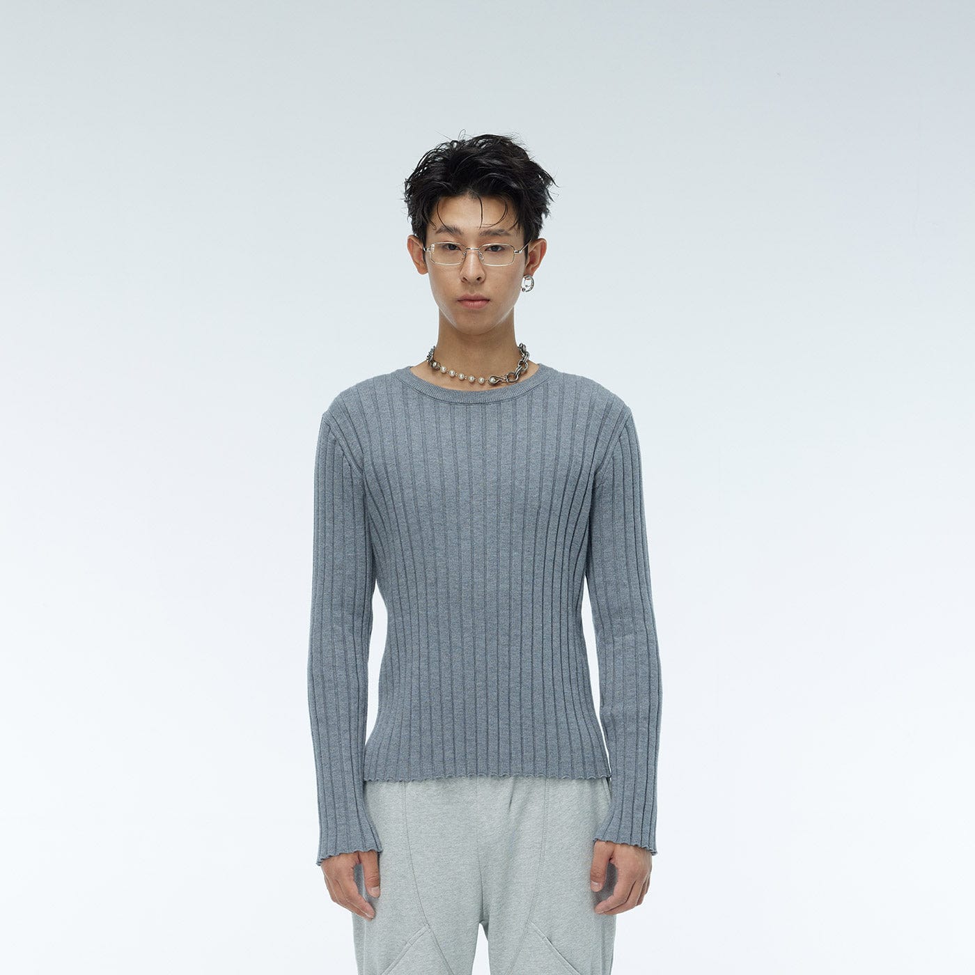 WHISTLEHUNTER Striped Logo Tag Slim-fit Sweater-Sweater-Grey-M-Free Shipping Leatheretro