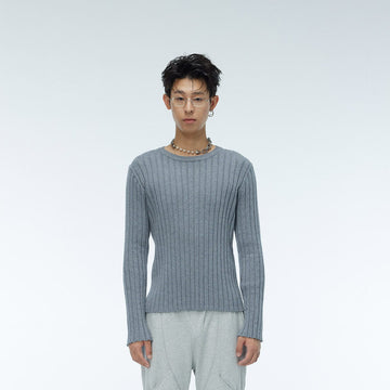 WHISTLEHUNTER Striped Logo Tag Slim-fit Sweater-Sweater-Grey-M-Free Shipping Leatheretro