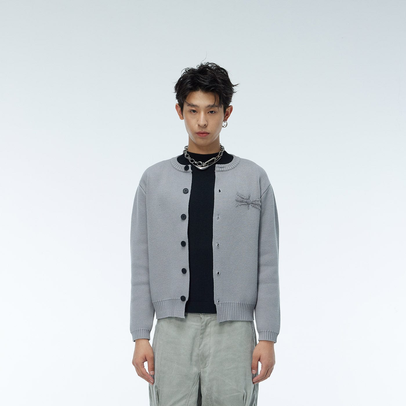 WHISTLEHUNTER Embroidered Logo Cardigan-Sweater-Grey-M-Free Shipping Leatheretro