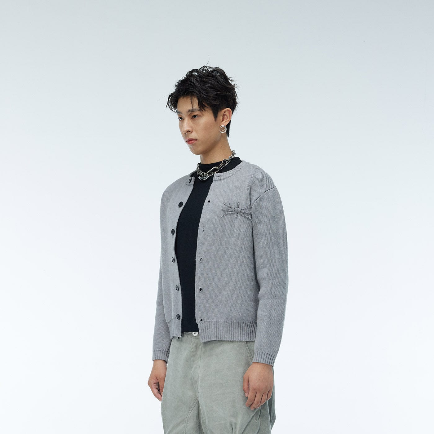 WHISTLEHUNTER Embroidered Logo Cardigan-Sweater-Grey-M-Free Shipping Leatheretro