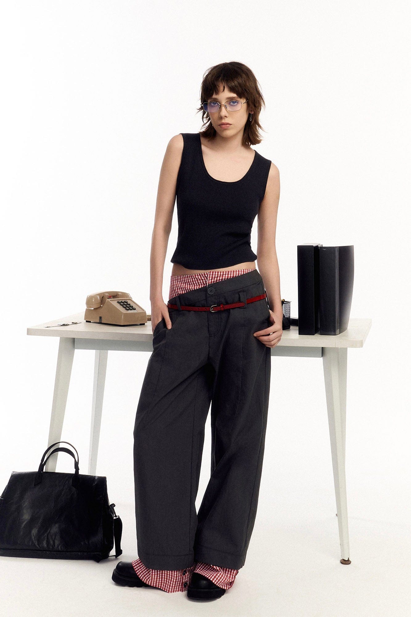 OIPWORD Asymmetrical Waist Faux-Layered Wide-Leg Pants-Pants-S-Dark Gray-Free Shipping Leatheretro