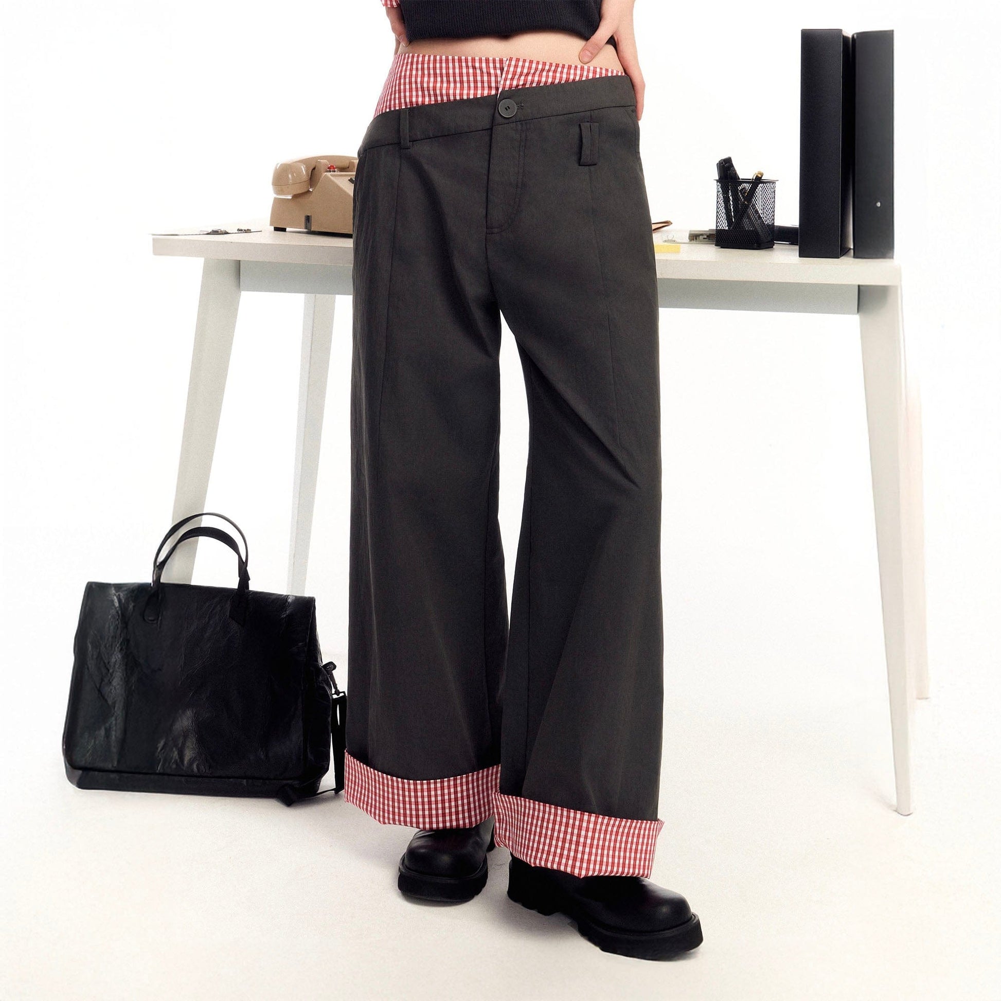 OIPWORD Asymmetrical Waist Faux-Layered Wide-Leg Pants-Pants-S-Dark Gray-Free Shipping Leatheretro