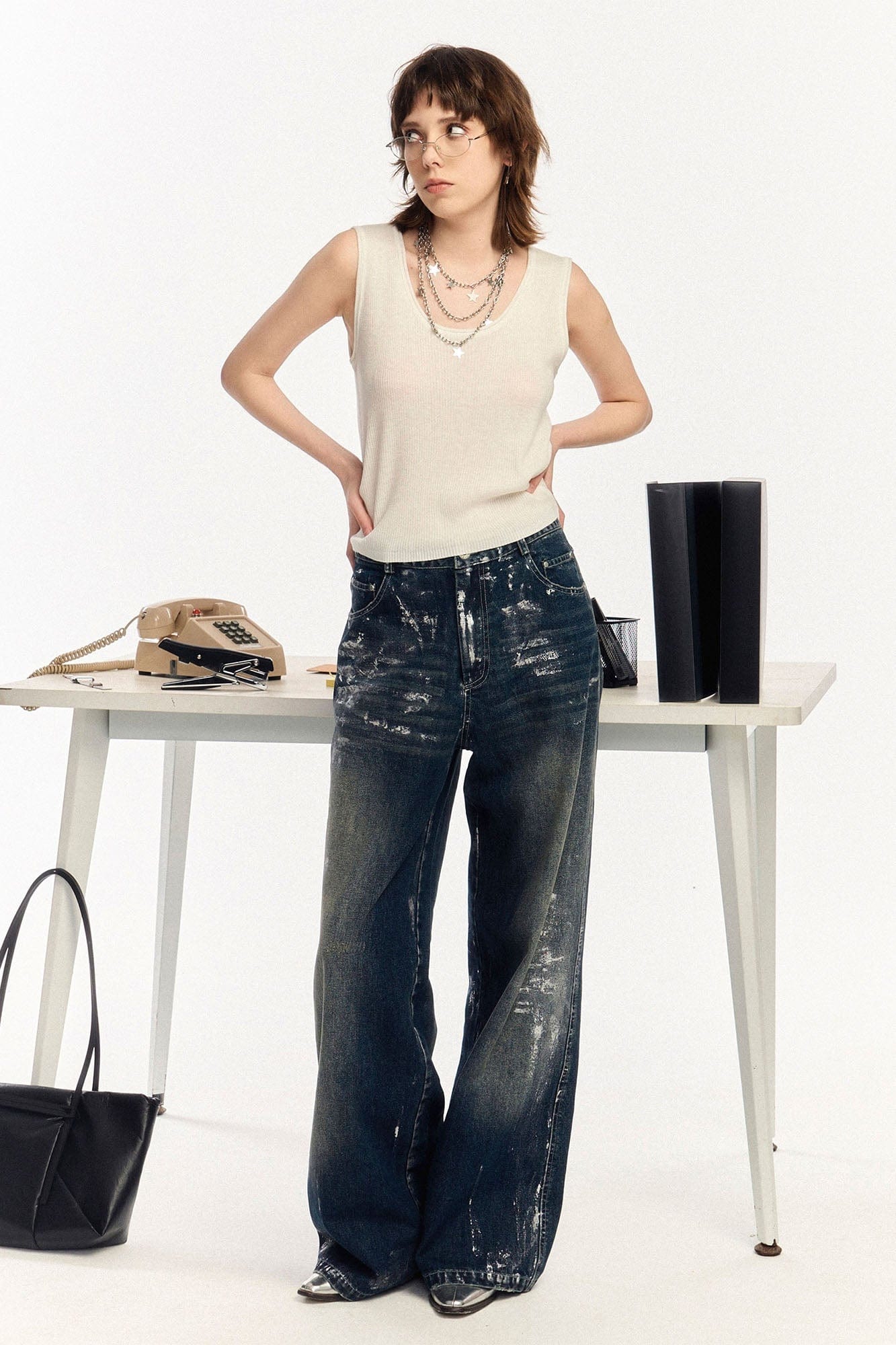 OIPWORD Silver-Brushed Distressed Wide-Leg Jeans-Jeans-S-Free Shipping Leatheretro