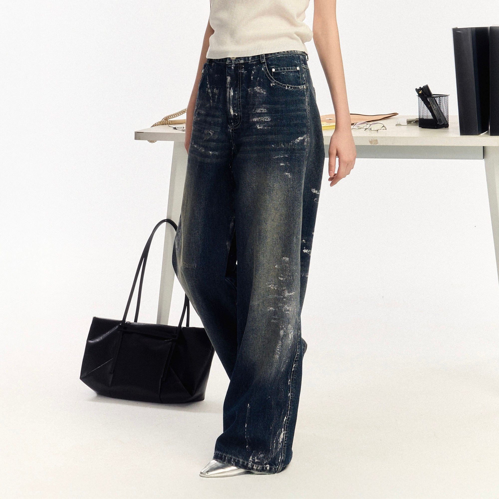 OIPWORD Silver-Brushed Distressed Wide-Leg Jeans-Jeans-S-Free Shipping Leatheretro