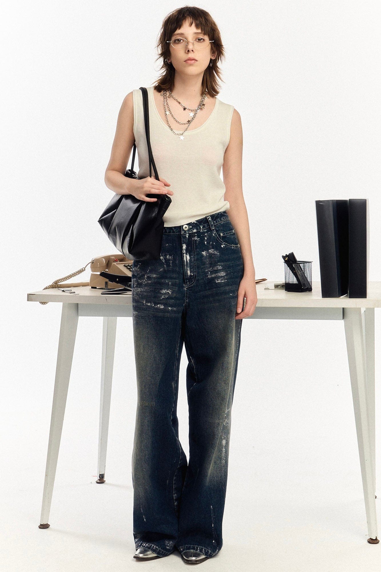 OIPWORD Silver-Brushed Distressed Wide-Leg Jeans-Jeans-S-Free Shipping Leatheretro