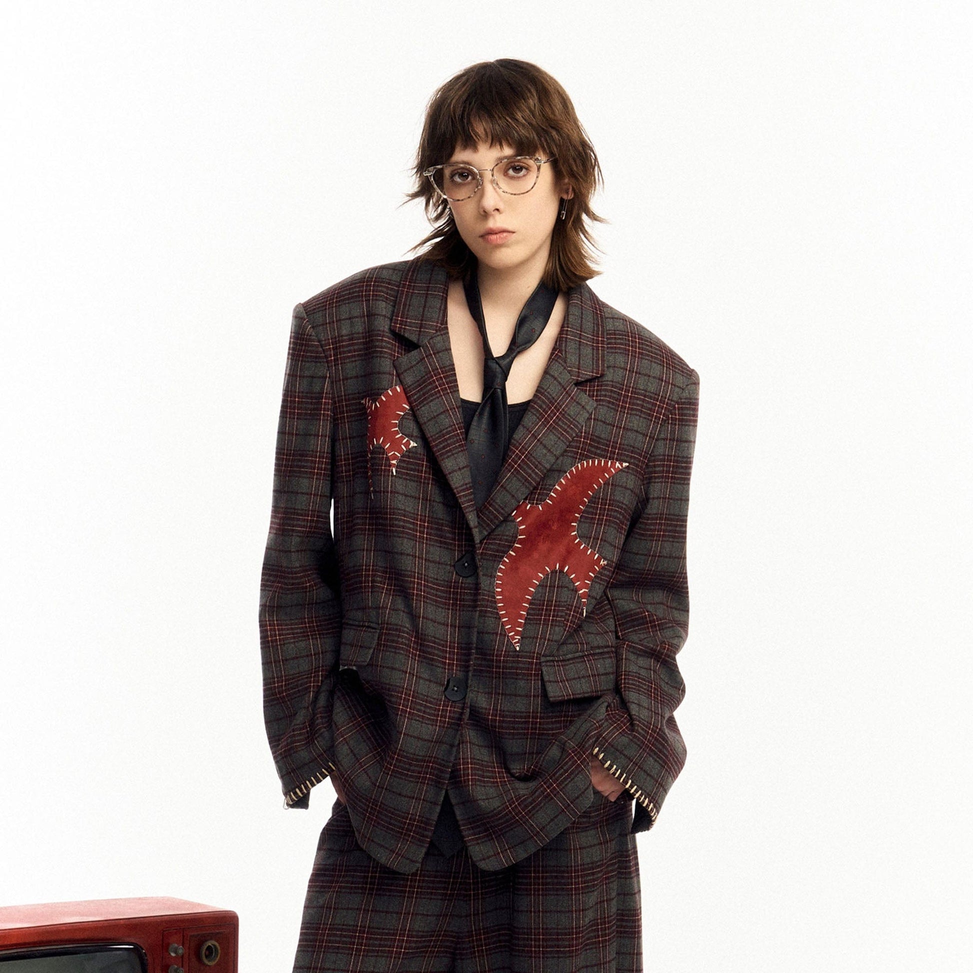 OIPWORD Retro Birds Patchwork Plaid Blazer-Jacket-S-Free Shipping Leatheretro