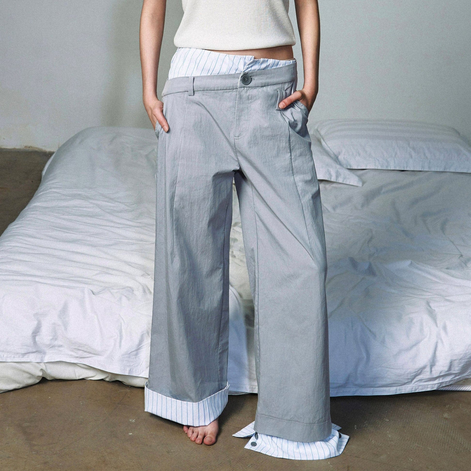 OIPWORD Asymmetrical Waist Faux-Layered Wide-Leg Pants-Pants-S-Light Gray-Free Shipping Leatheretro