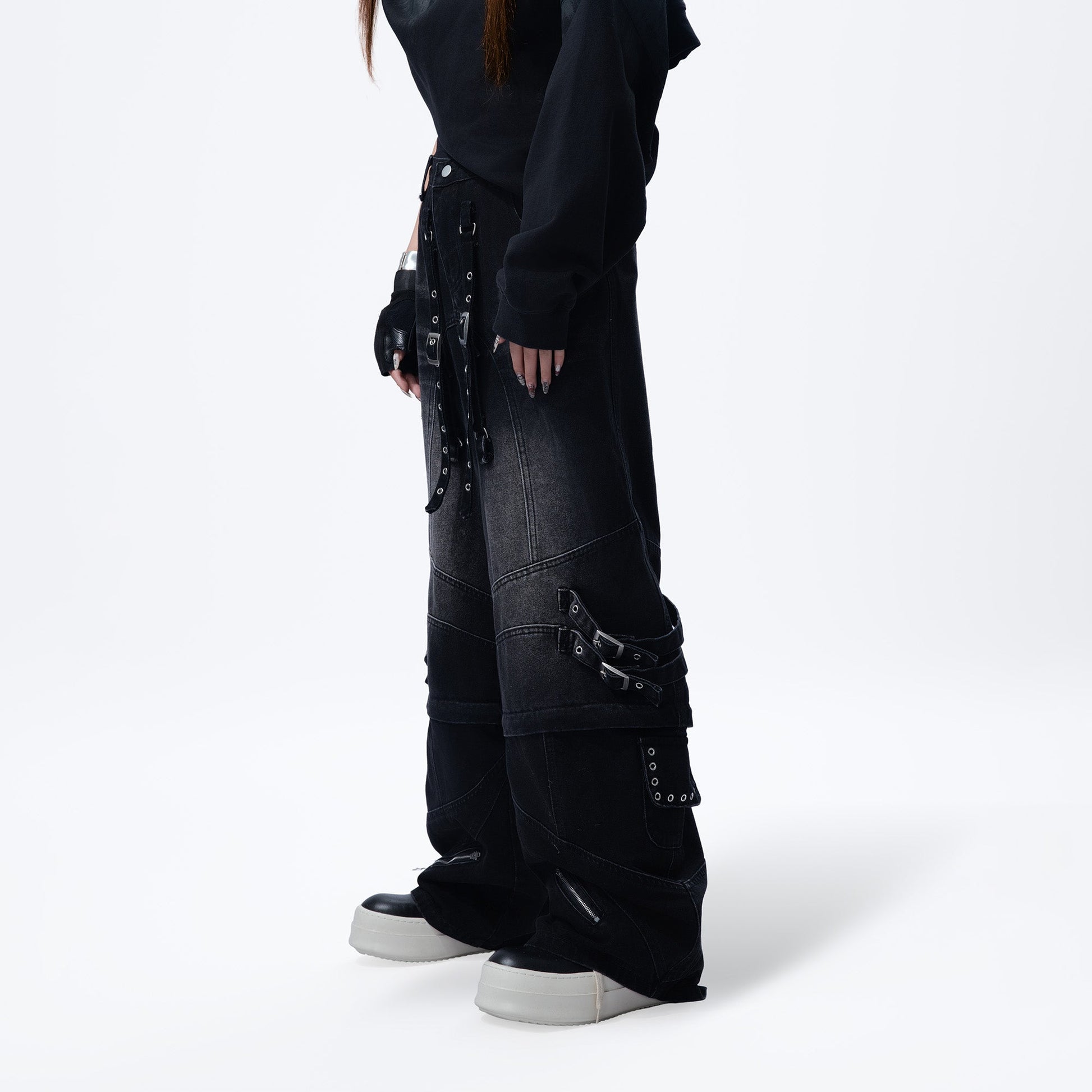 MOGONGSHE Detachable Drape-Strap Washed Jeans-Jeans-S-Free Shipping Leatheretro