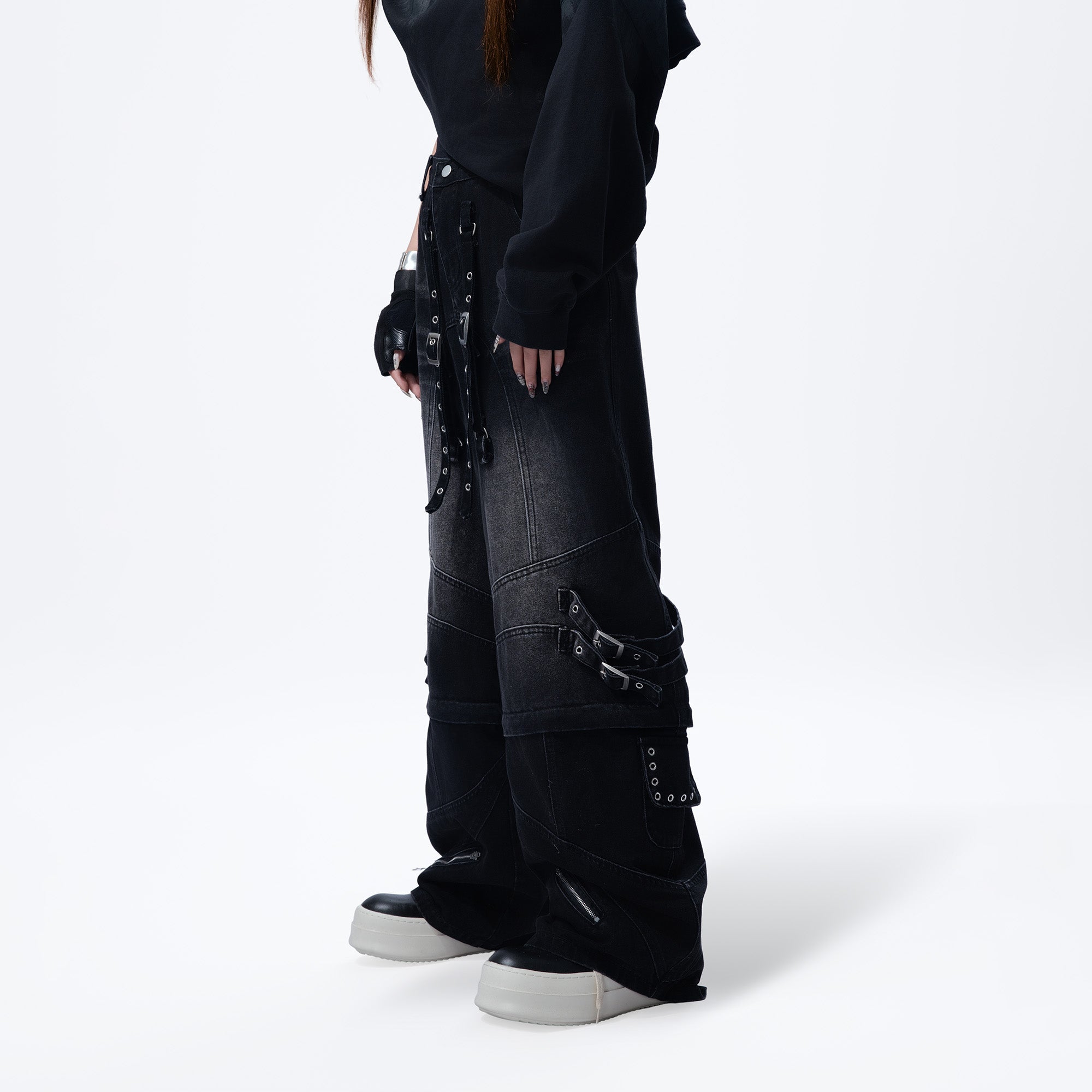 MOGONGSHE Detachable Drape-Strap Washed Jeans-Jeans-S-Free Shipping Leatheretro