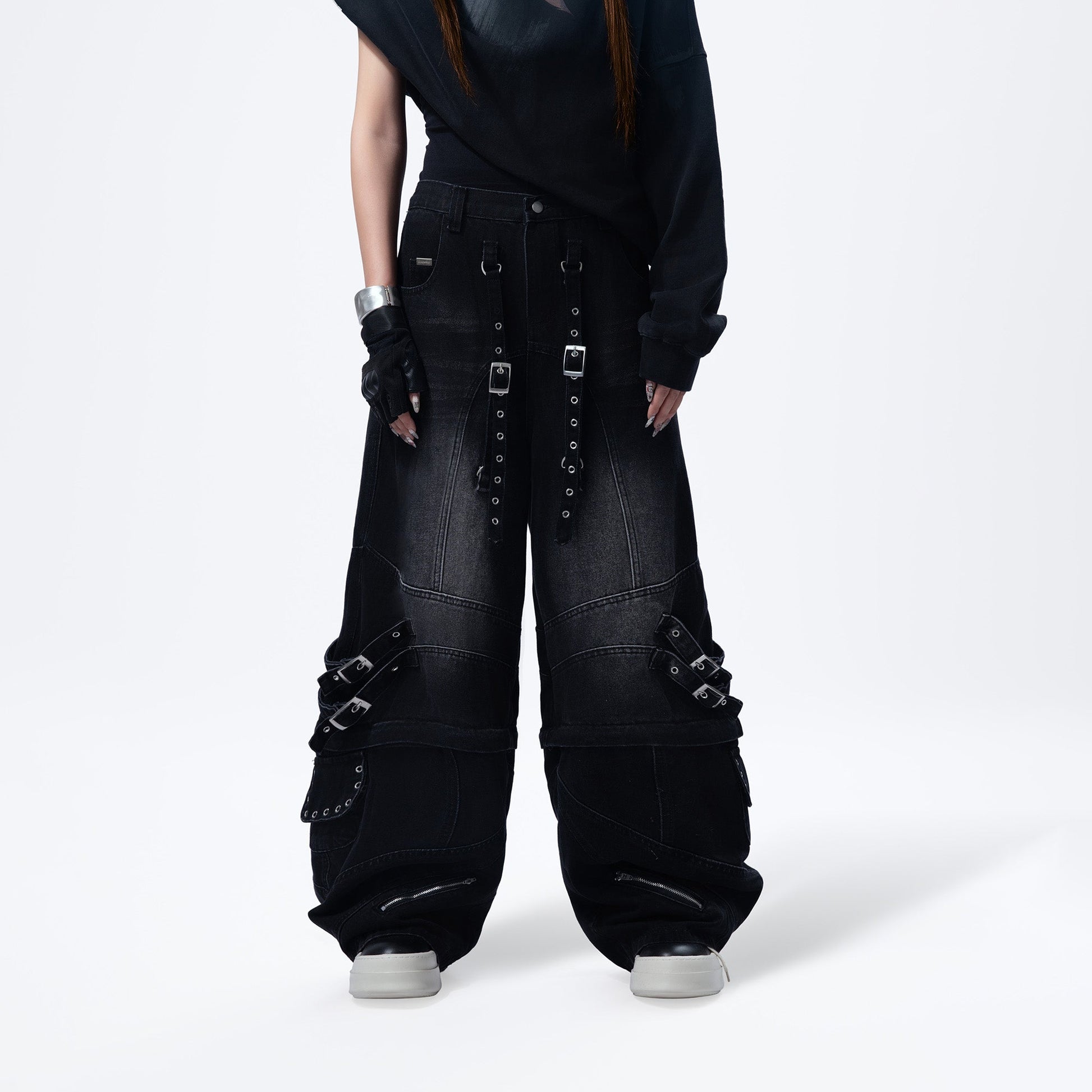 MOGONGSHE Detachable Drape-Strap Washed Jeans-Jeans-S-Free Shipping Leatheretro