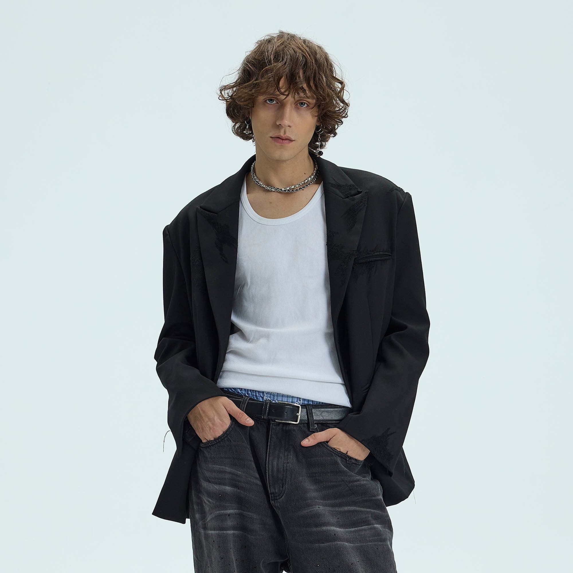 WHISTLEHUNTER Distressed Ripped Blazer-Jacket-S-Black-Free Shipping Leatheretro