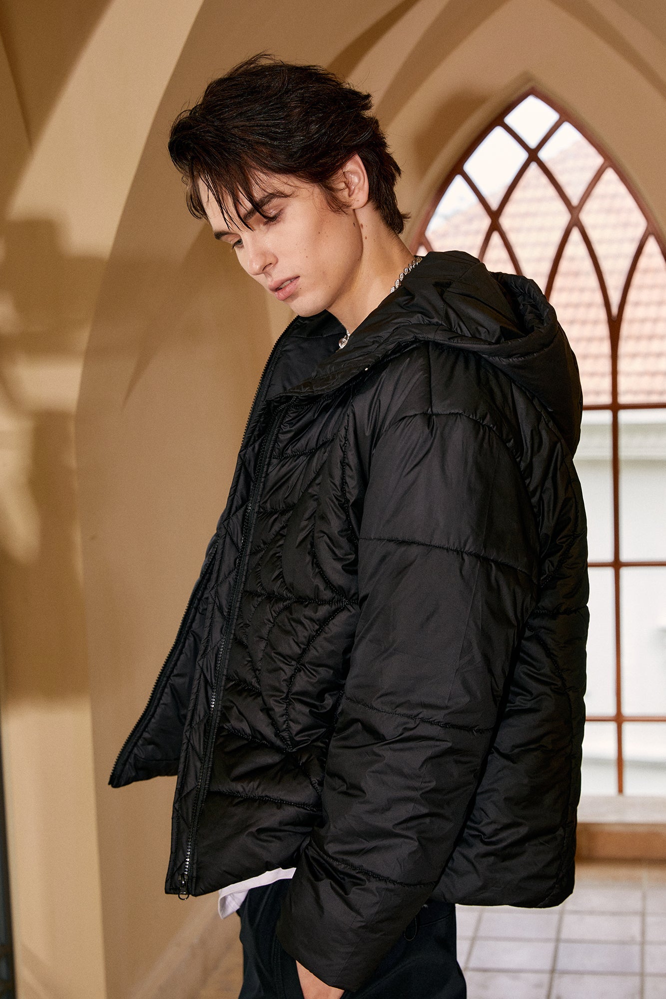 DONSMOKE Spider Web Quilt Hooded Puffer Jacket-Jacket-S-Black-Free Shipping Leatheretro