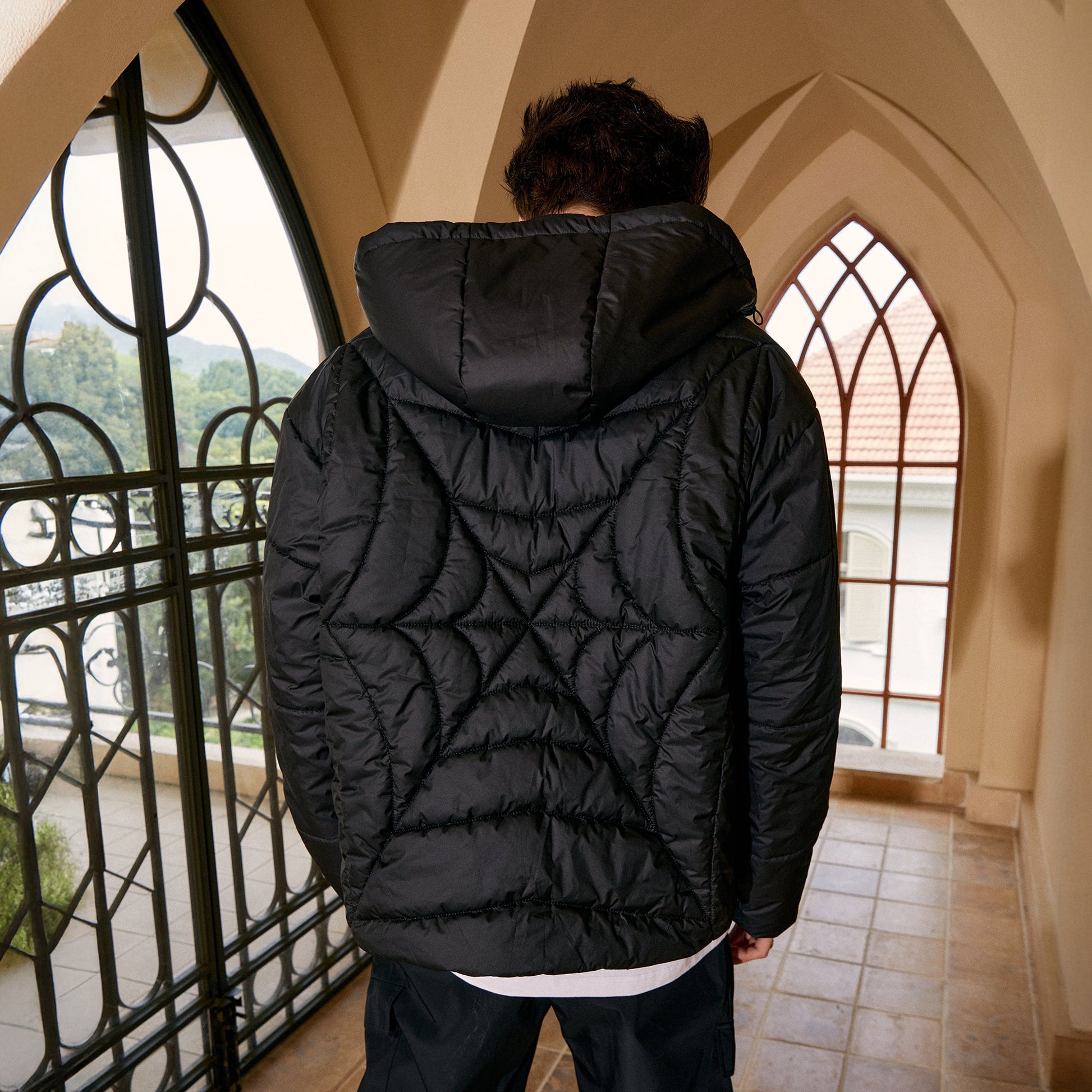 DONSMOKE Spider Web Quilt Hooded Puffer Jacket-Jacket-S-Black-Free Shipping Leatheretro