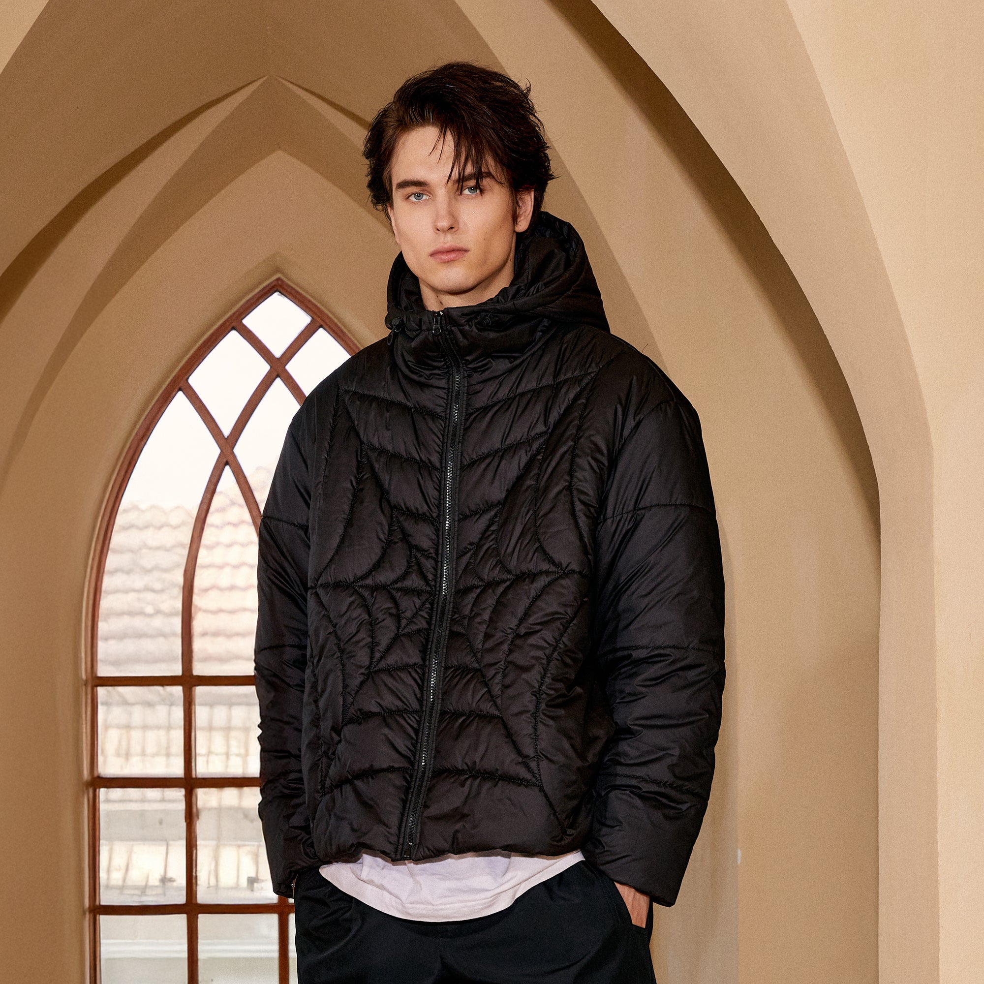 DONSMOKE Spider Web Quilt Hooded Puffer Jacket-Jacket-S-Black-Free Shipping Leatheretro