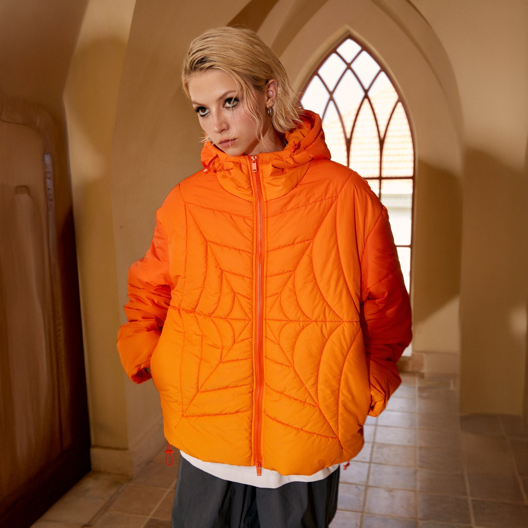 DONSMOKE Spider Web Quilt Hooded Puffer Jacket-Jacket-S-Orange-Free Shipping Leatheretro
