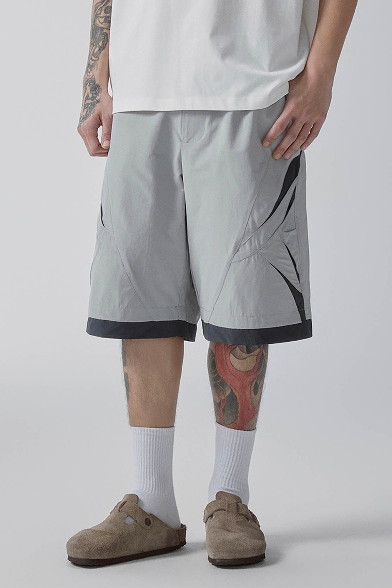 F2CE Contrast Panel Cut-Out Knee Shorts-Shorts-S-Free Shipping Leatheretro