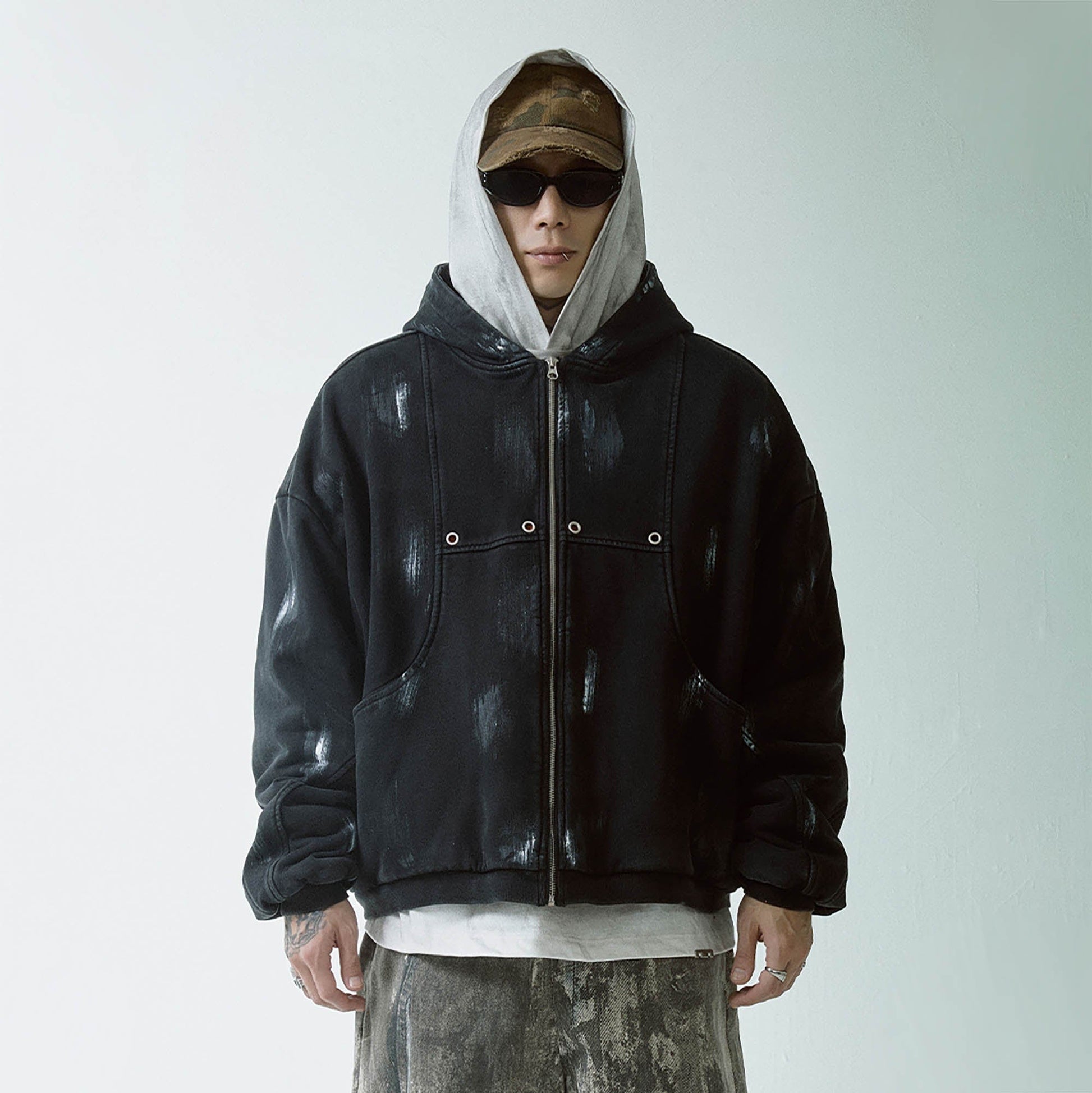 F2CE Brush-Paint Streak Hooded Jacket-Jacket-S-Free Shipping Leatheretro