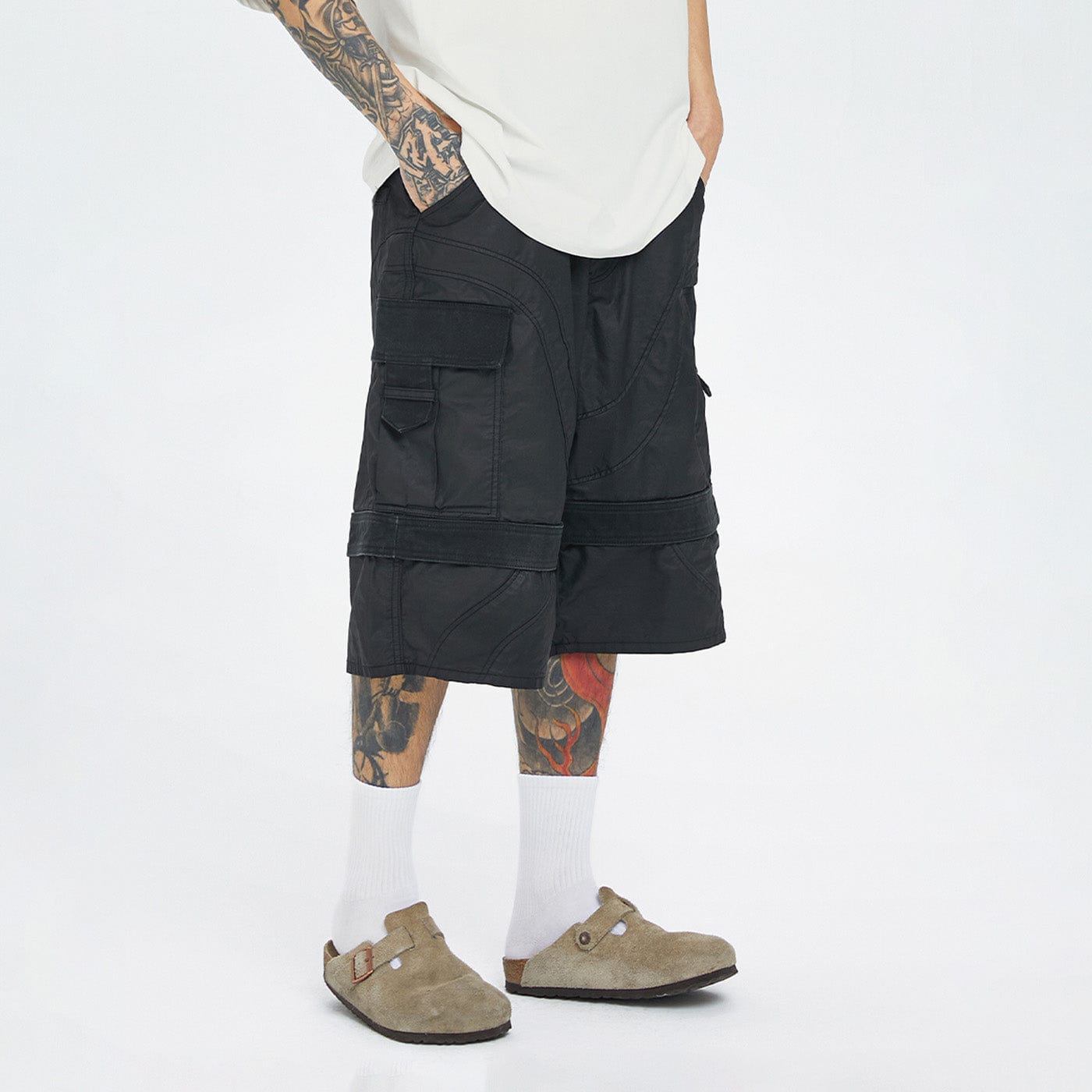 F2CE Spliced Big Pocket Waxed Shorts-Shorts-S-Free Shipping Leatheretro