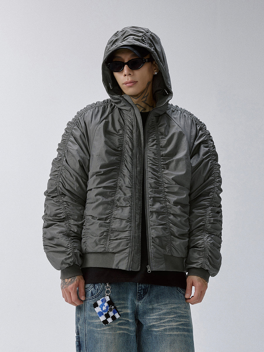 F2CE Ruched Nylon Hooded Bomber-Jacket-S(Preorder)-Free Shipping Leatheretro