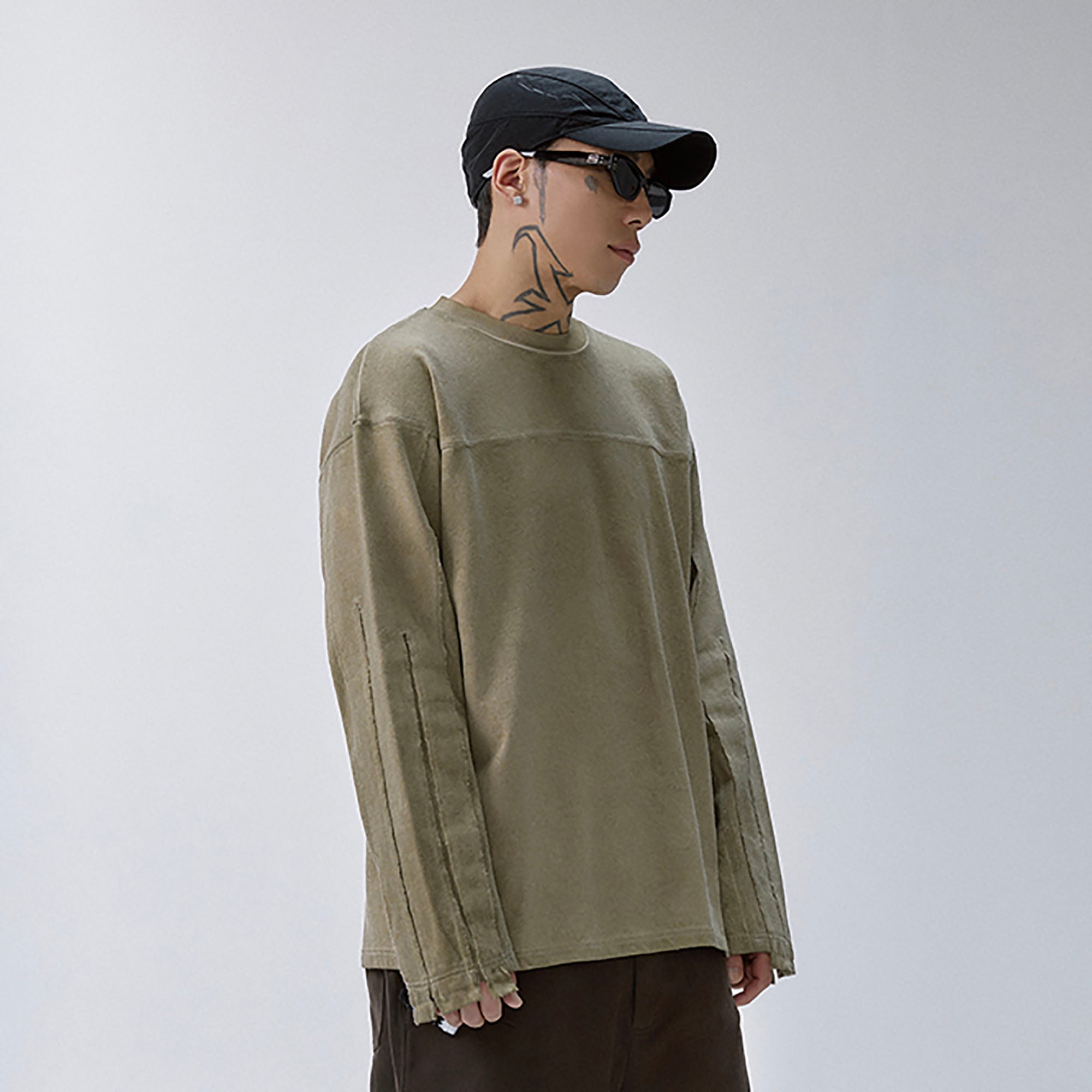 F2CE Distressed Panel-Stitched Long-Sleeve Tee-L/S Tee-S-Free Shipping Leatheretro