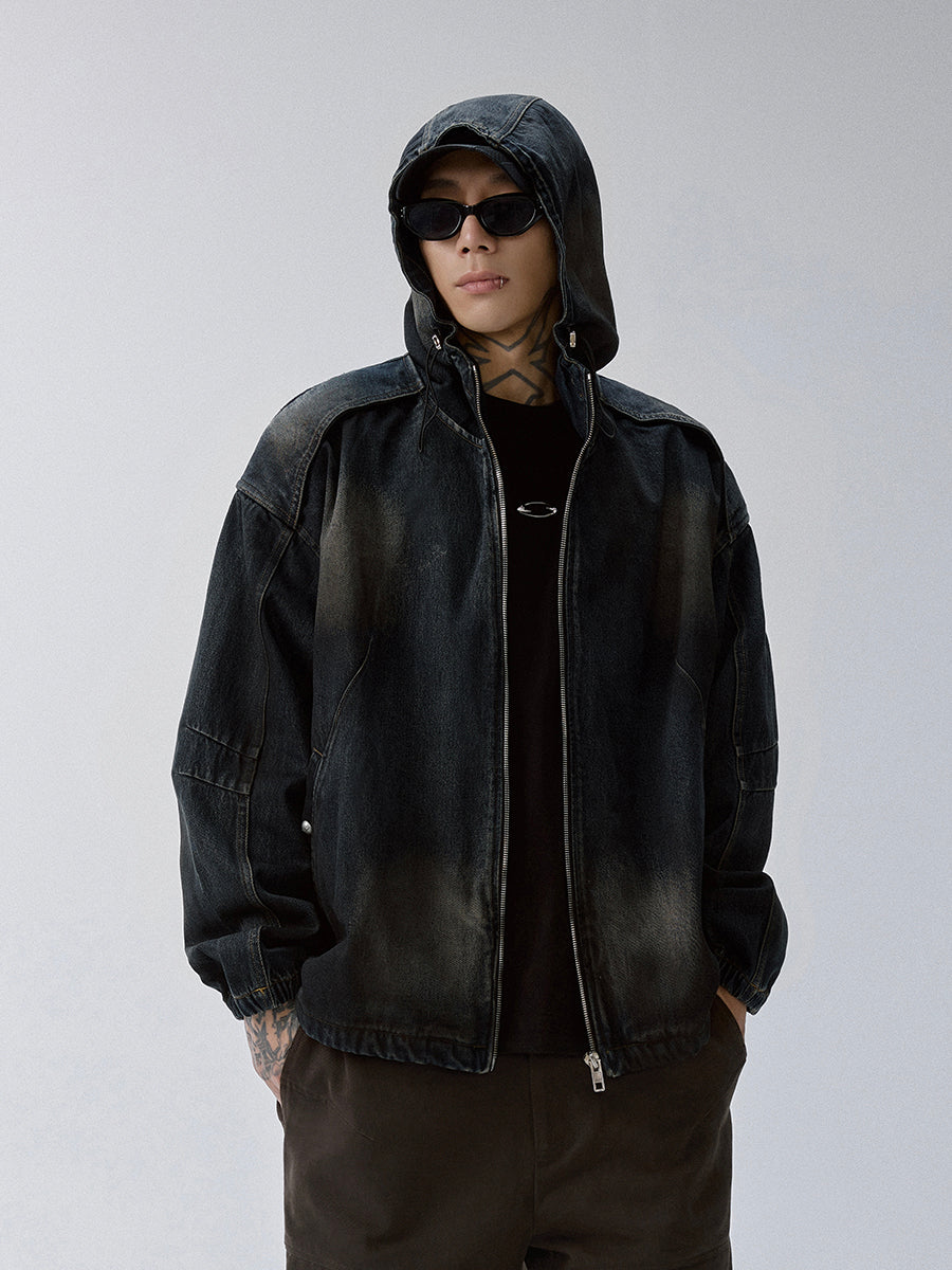 F2CE Washed Paneled Denim Hooded Jacket-Jacket-S-Free Shipping Leatheretro