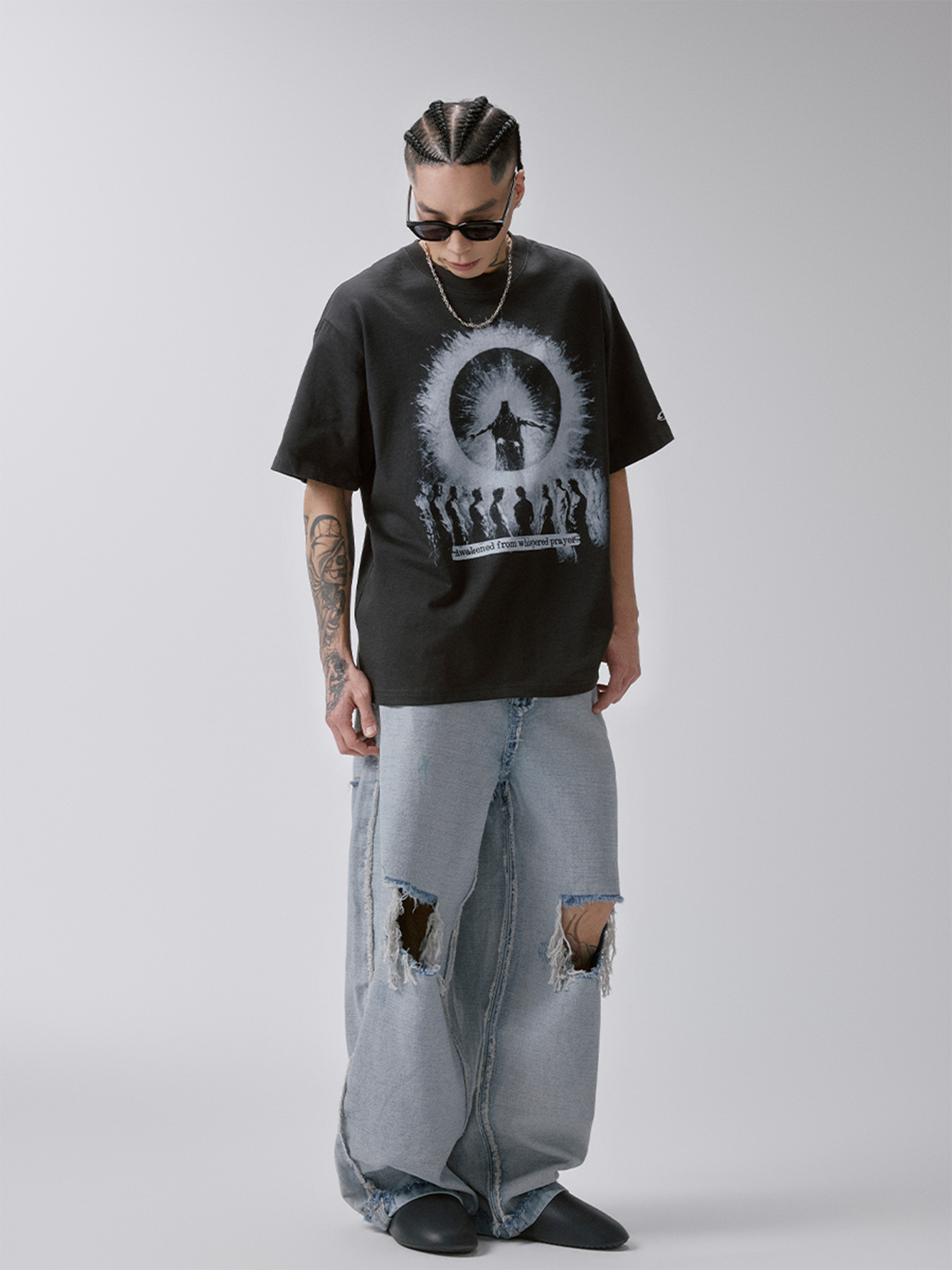 F2CE Oversized Prayer Silhouette Graphic T-Shirt-T Shirt-S-Free Shipping Leatheretro