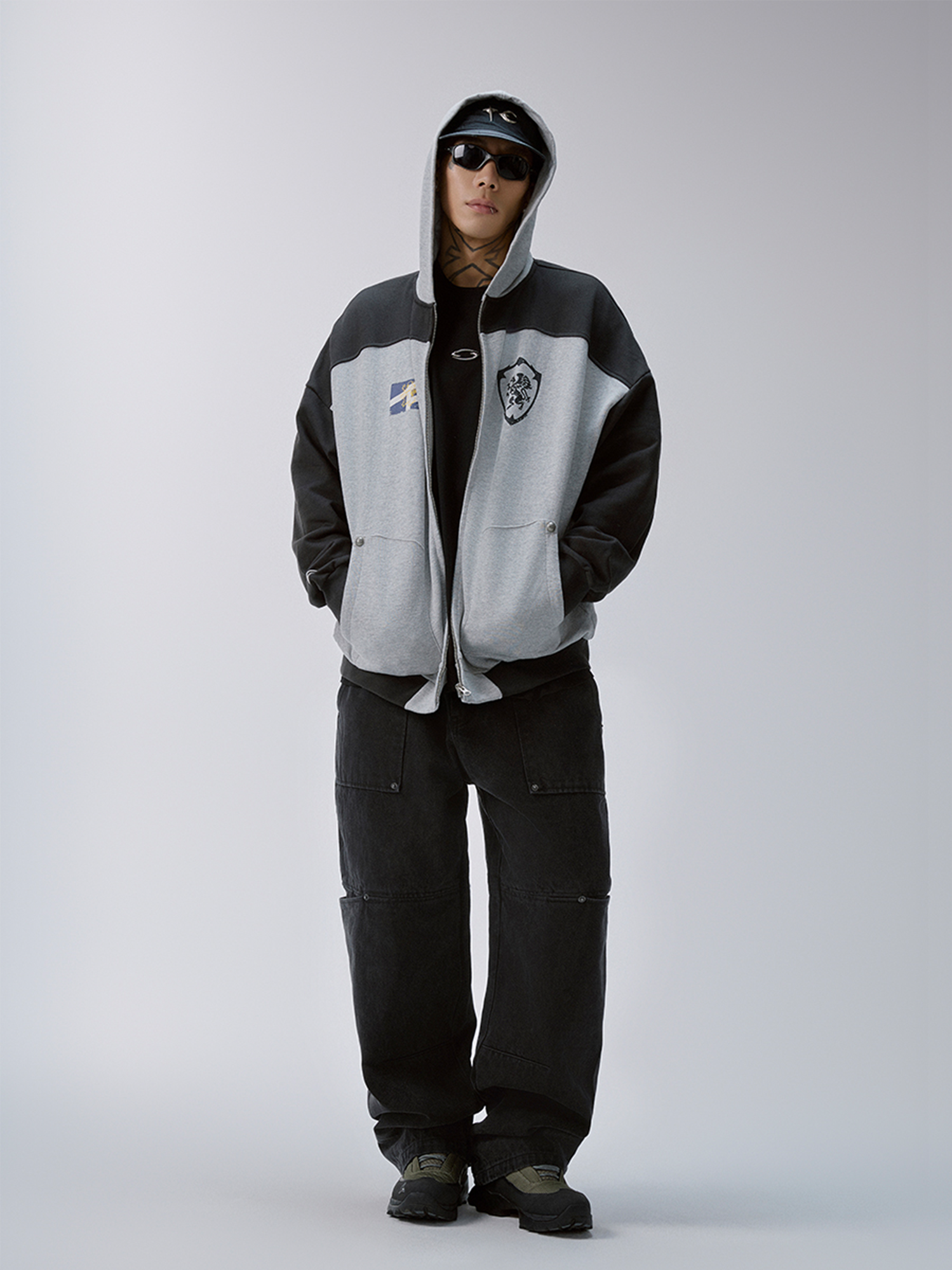 F2CE Washed Panel Multi-Pocket Straight-Leg Jeans-Jeans-S-Free Shipping Leatheretro