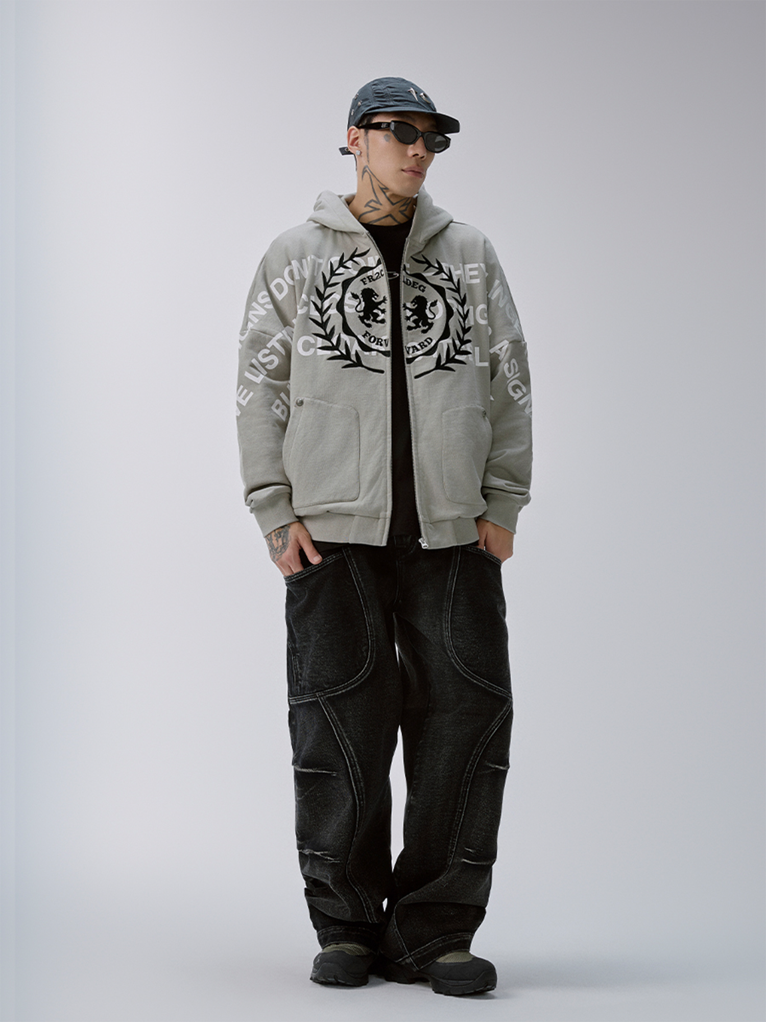 F2CE Embroidery Slogan Graphic Zip-Up Hoodie-Sweatshirt-S-Free Shipping Leatheretro