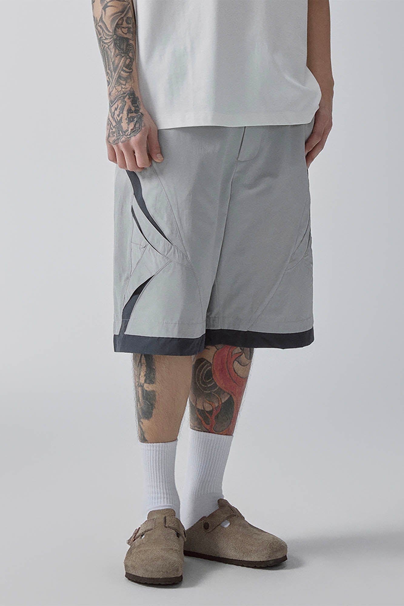 F2CE Contrast Panel Cut-Out Knee Shorts-Shorts-S-Free Shipping Leatheretro