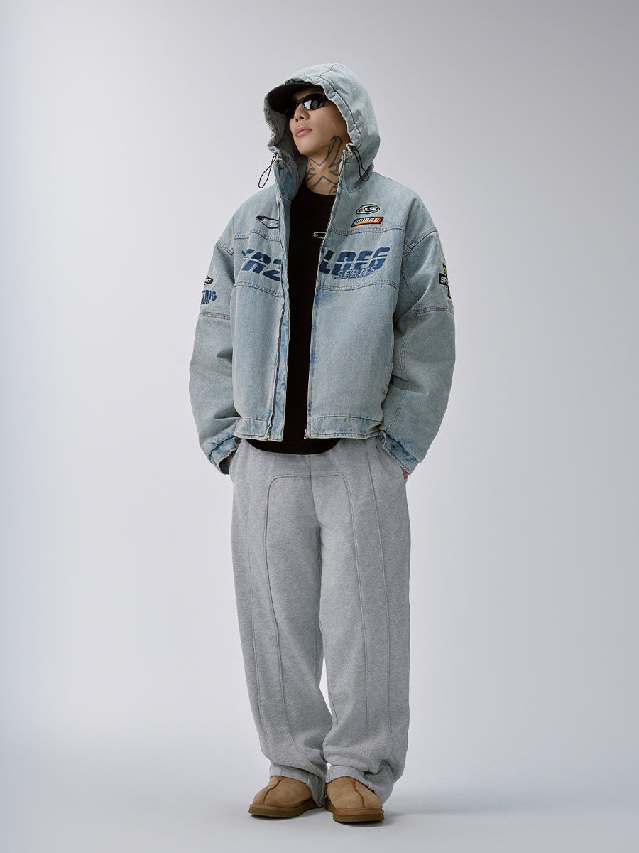 F2CE Washed Racing Patch Denim Hooded Puffer-Jacket-S-Free Shipping Leatheretro