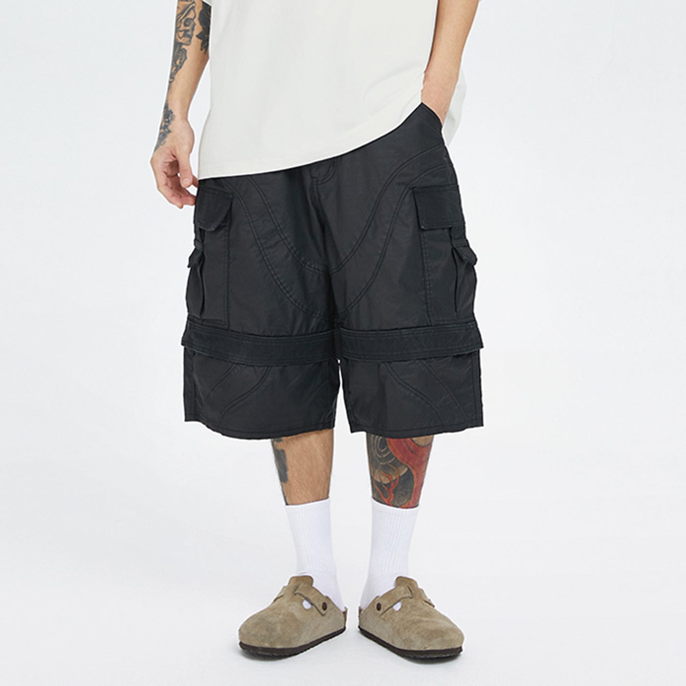 F2CE Spliced Big Pocket Waxed Shorts-Shorts-S-Free Shipping Leatheretro