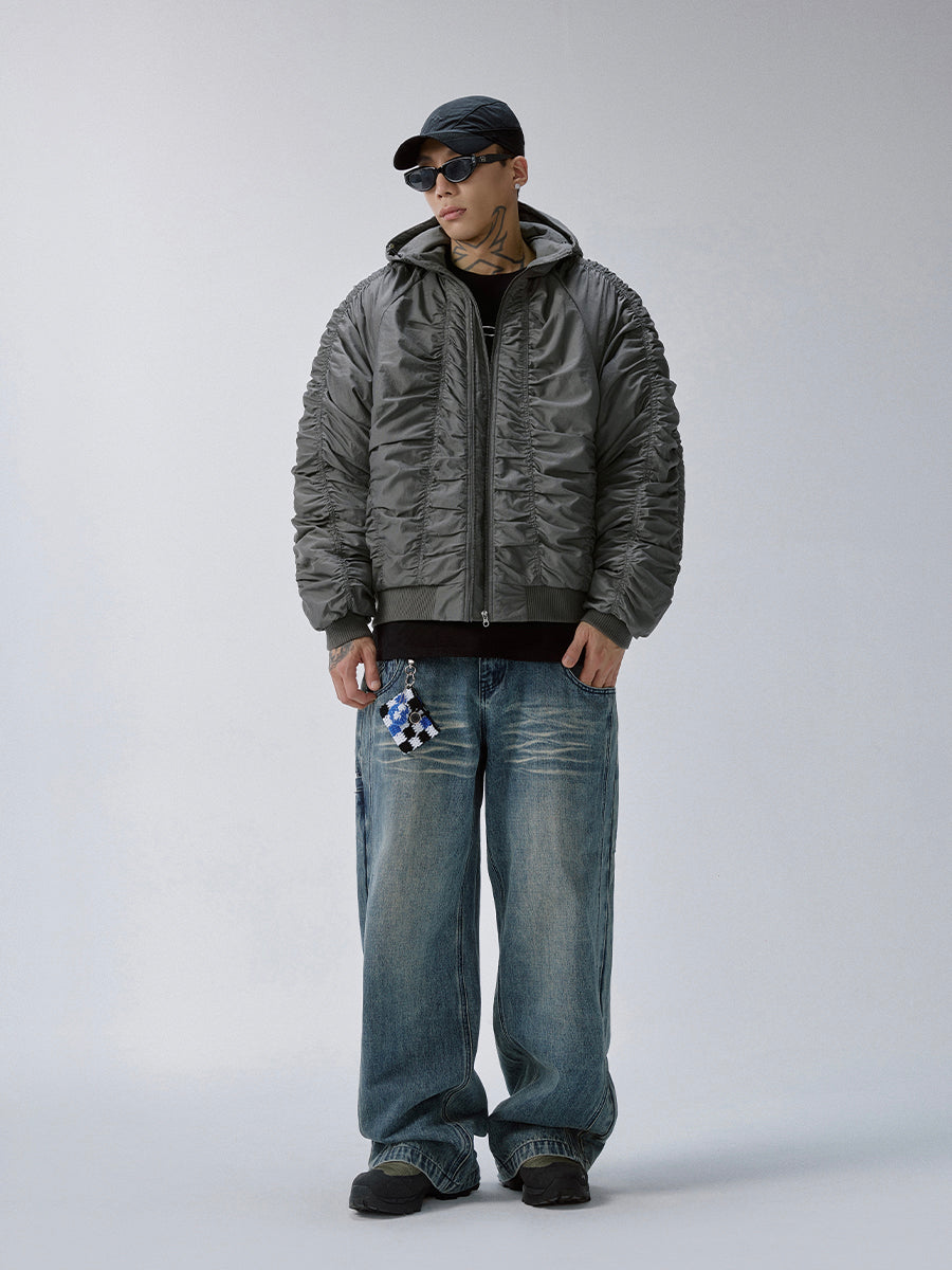 F2CE Ruched Nylon Hooded Bomber-Jacket-S(Preorder)-Free Shipping Leatheretro
