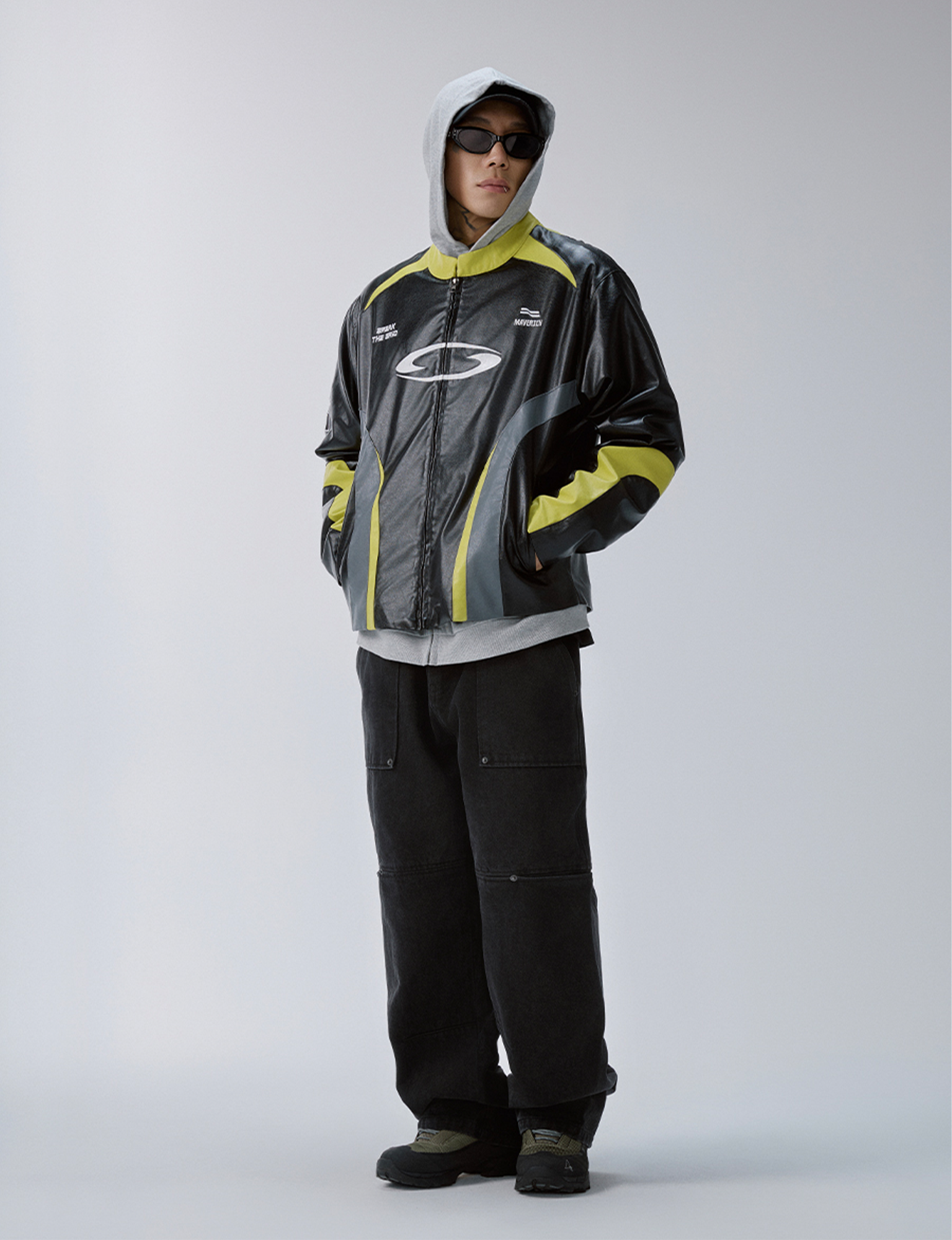 F2CE Contrast Panel Embroidered Moto Jacket-Jacket-S-Free Shipping Leatheretro