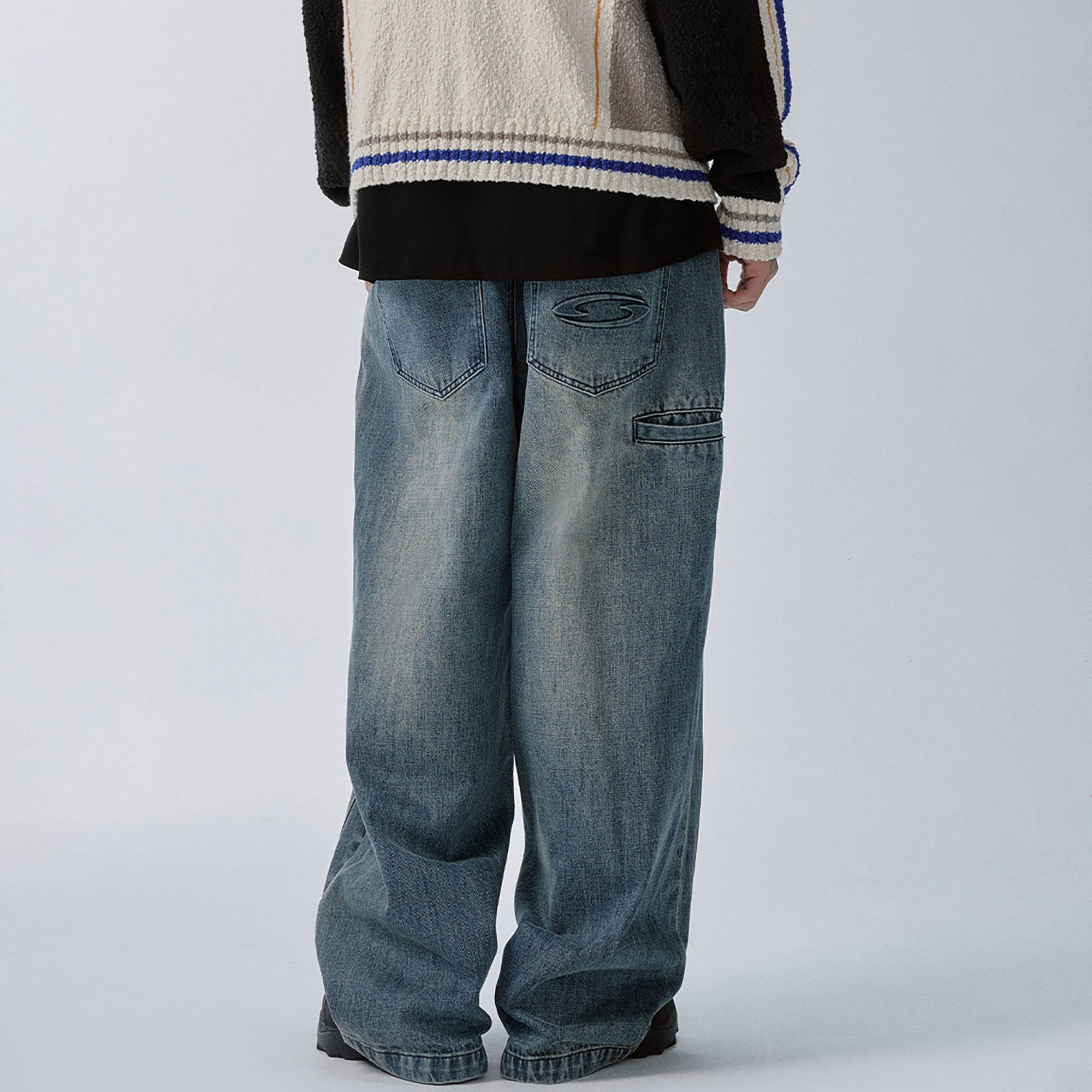 F2CE Double Waistband Washed Wide-Leg Jeans-Jeans-S-Free Shipping Leatheretro