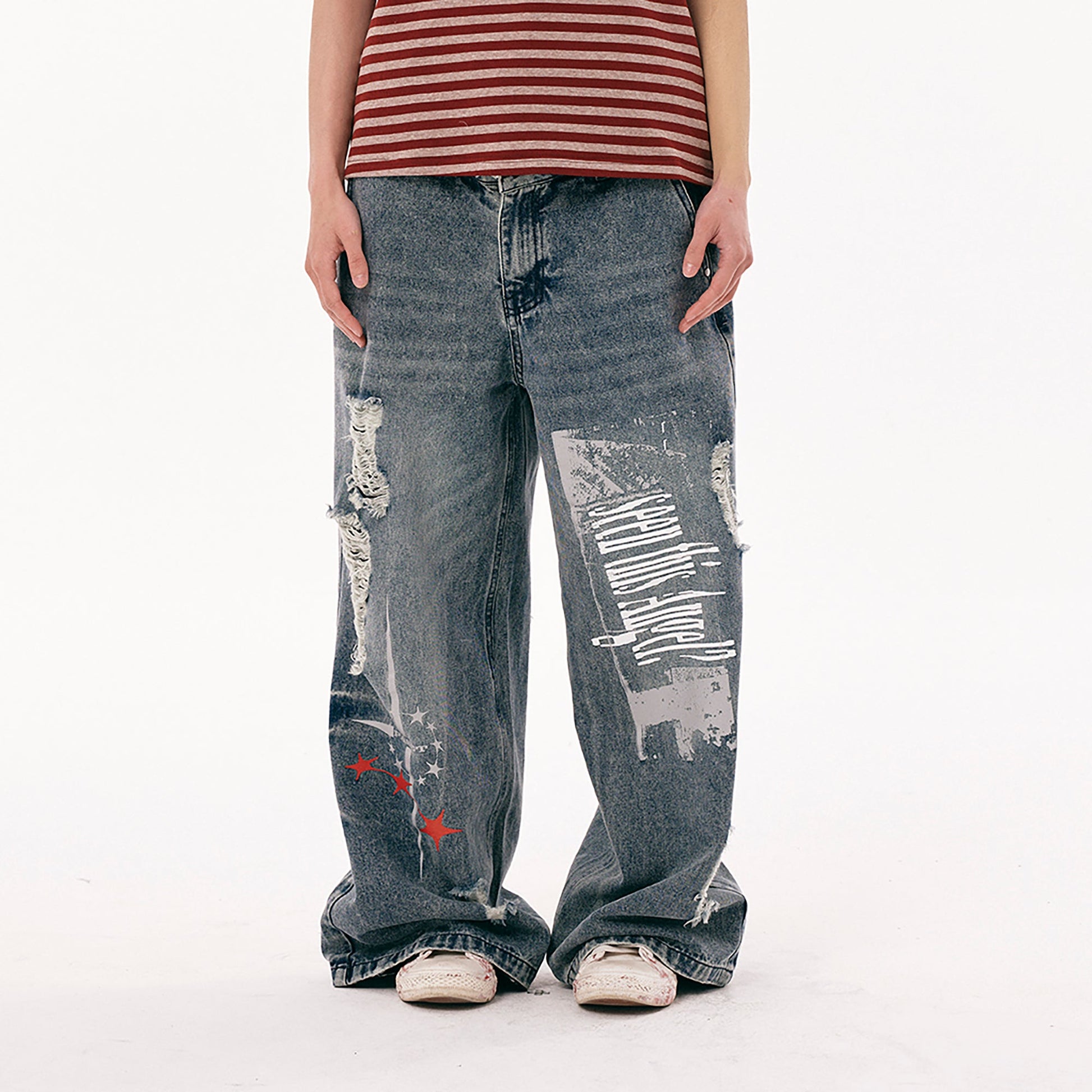 PASET Double Waist Camo Panel Distressed Jeans-Jeans-S / 28"-Free Shipping Leatheretro