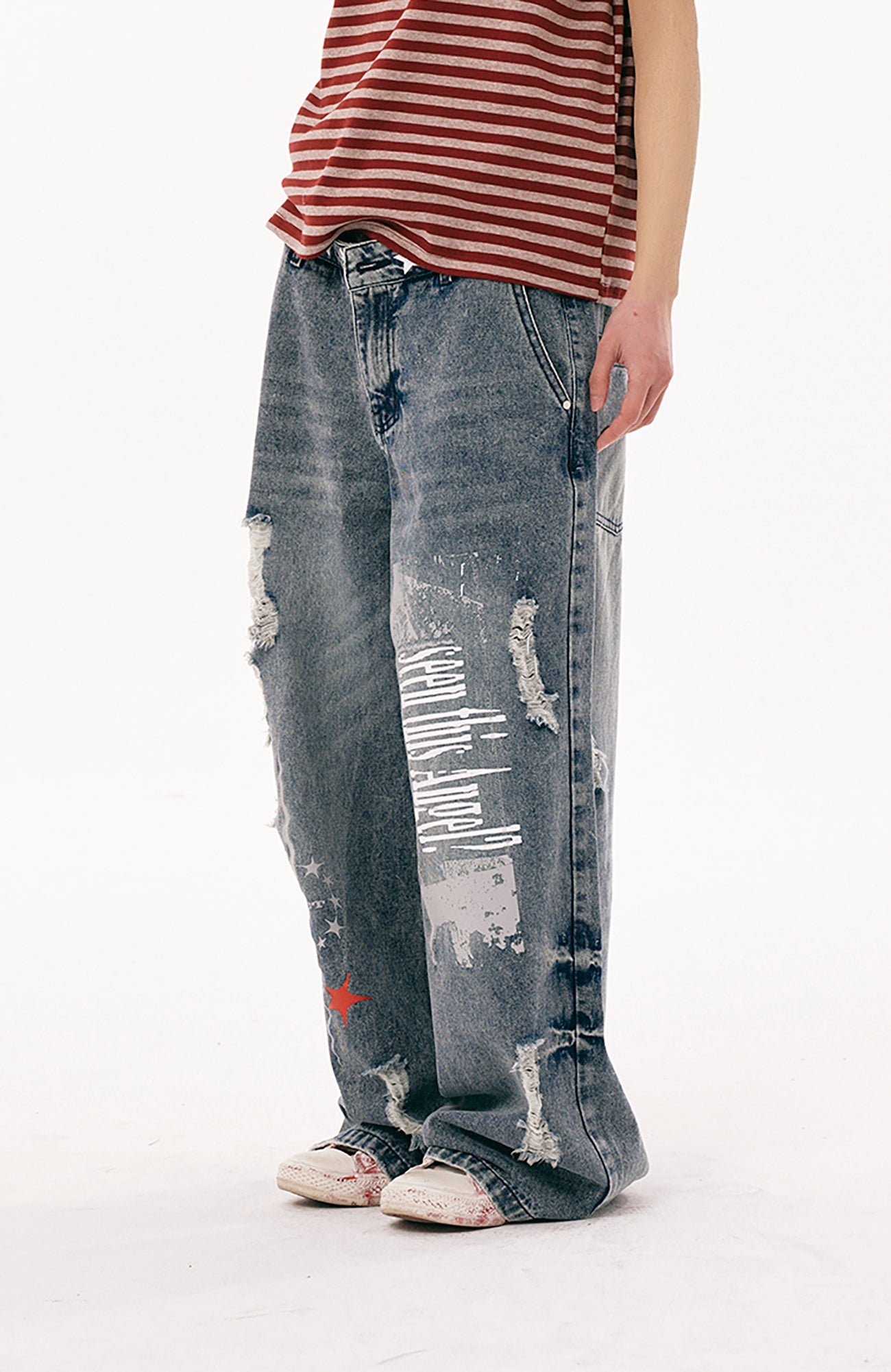 PASET Double Waist Camo Panel Distressed Jeans-Jeans-S / 28"-Free Shipping Leatheretro