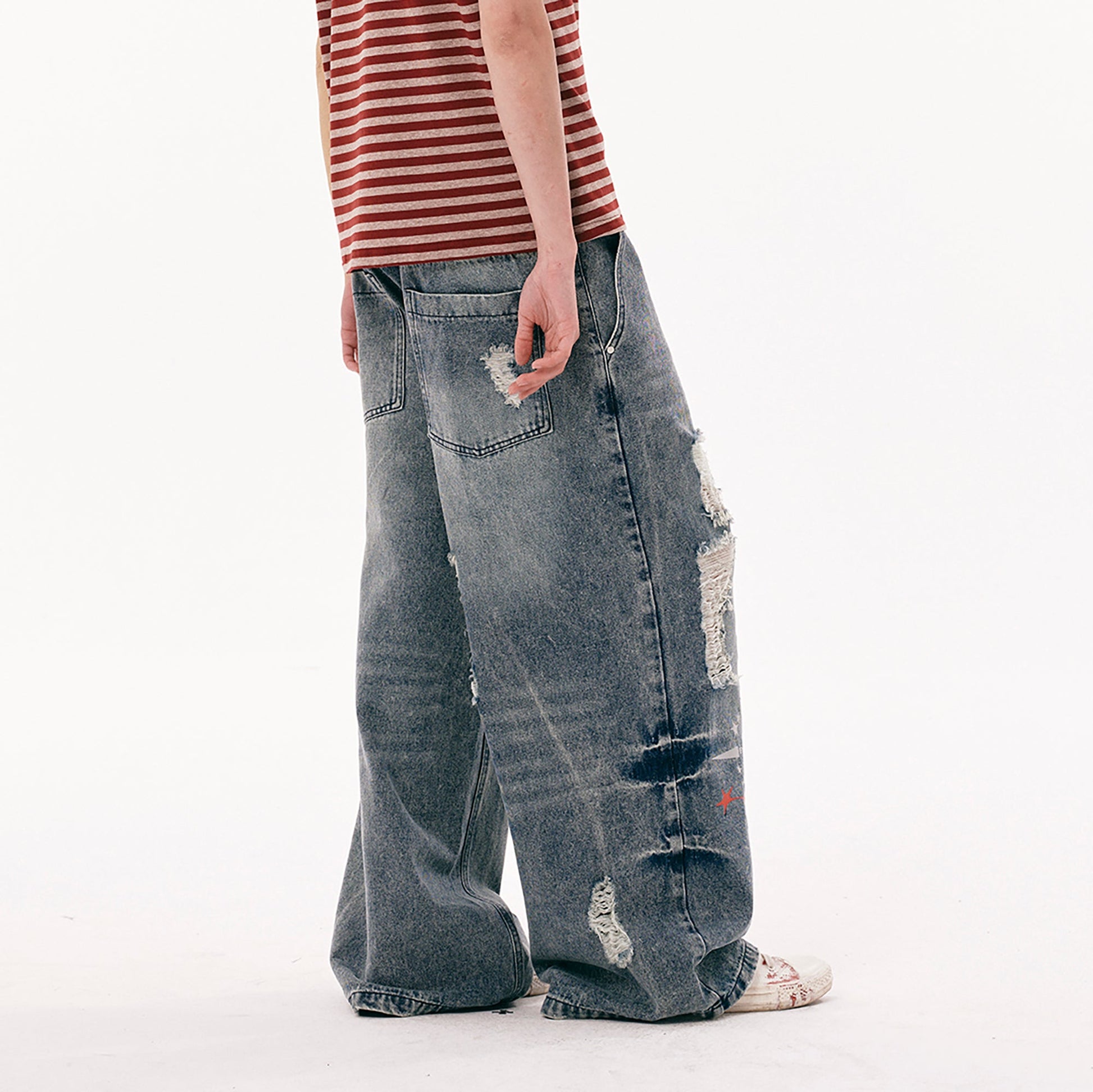 PASET Double Waist Camo Panel Distressed Jeans-Jeans-S / 28"-Free Shipping Leatheretro