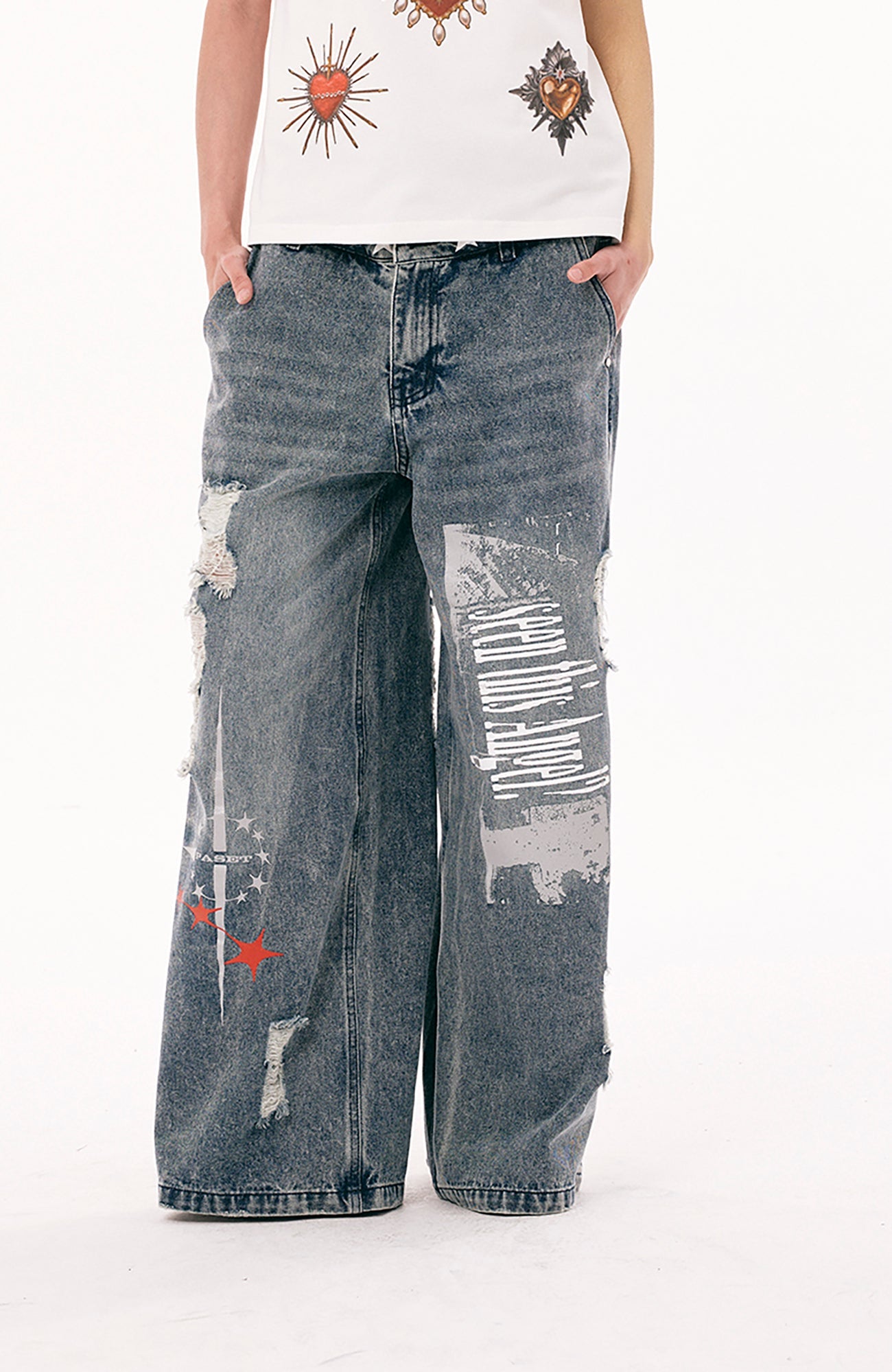 PASET Double Waist Camo Panel Distressed Jeans-Jeans-S / 28"-Free Shipping Leatheretro