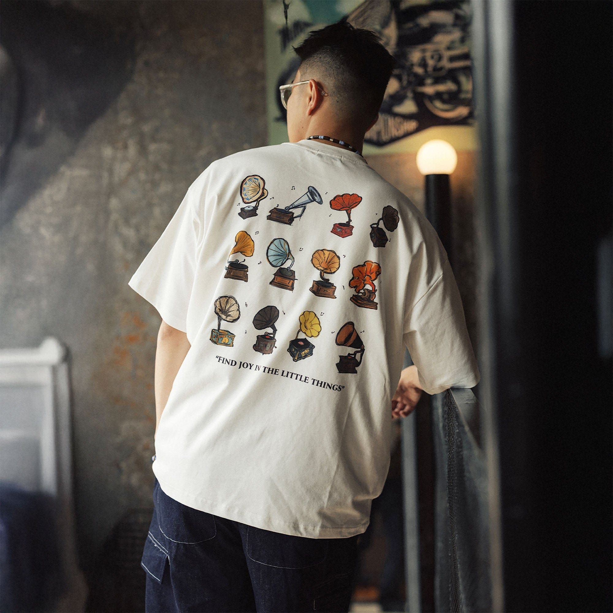 BANANA CLUB Gramophone Graphic Sorona Oversized T-Shirt-T Shirt-S-White-Free Shipping Leatheretro