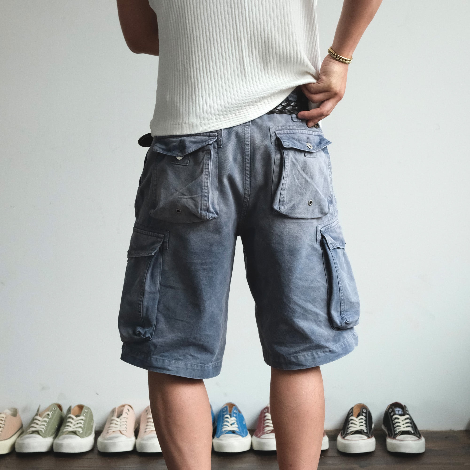 NEIGBORL Washed Sulfur-Dyed Multi-Pocket Cargo Shorts-Shorts-S-Green-Free Shipping Leatheretro