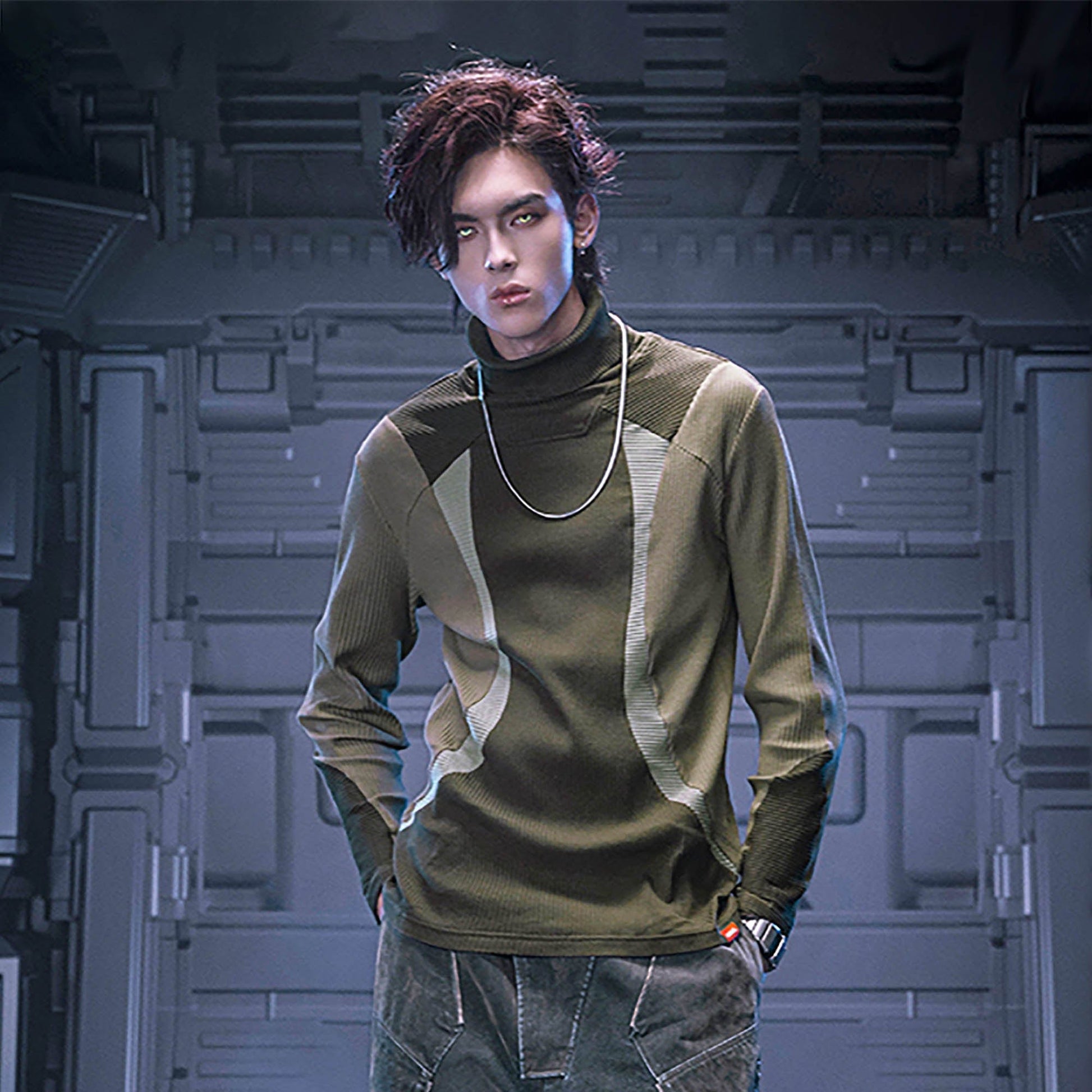 XIPHEVIL Ribbed Paneled Turtleneck Long-Sleeve Tee Green-L/S Tee-XS-Free Shipping Leatheretro