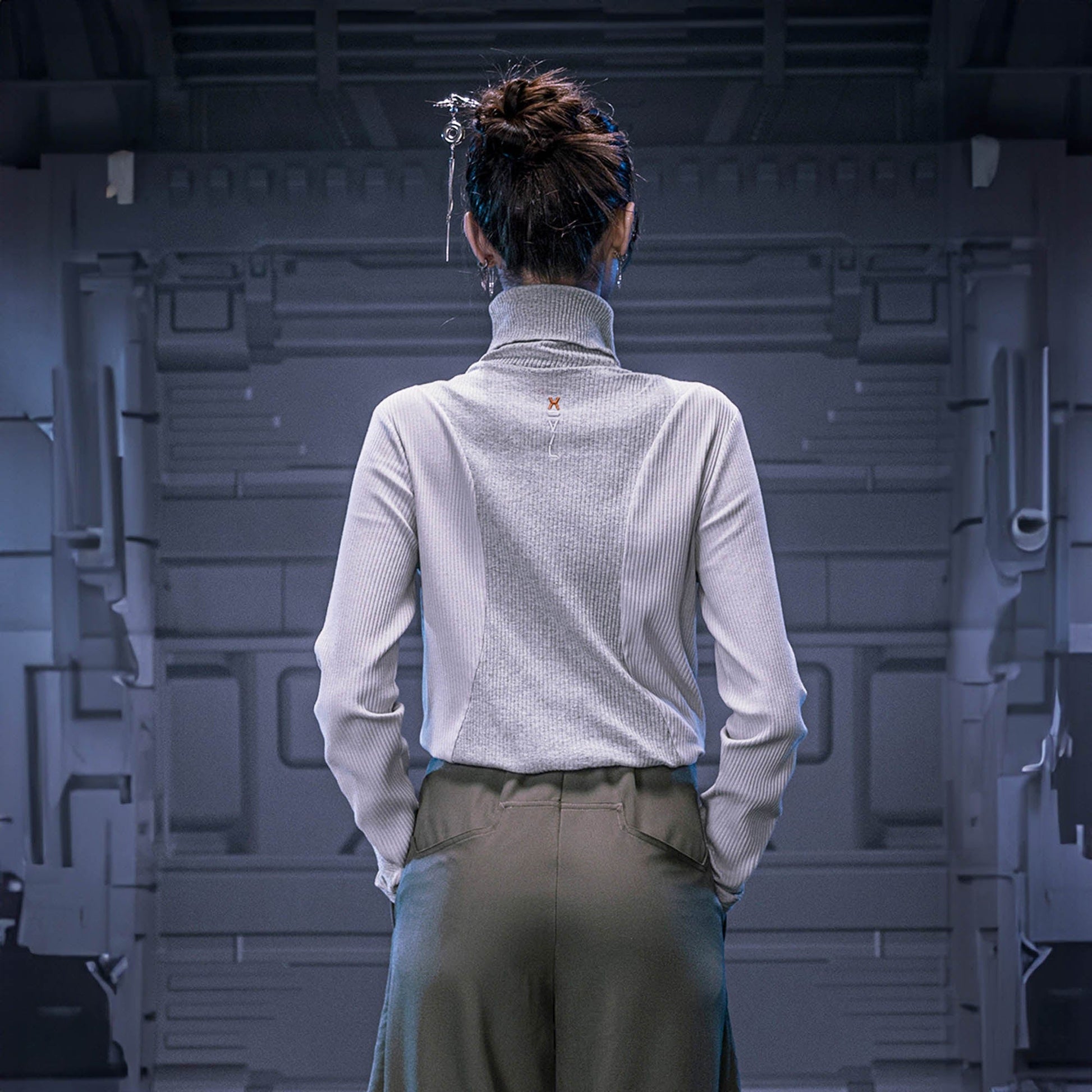 XIPHEVIL Ribbed Paneled Turtleneck Long-Sleeve Tee Grey-L/S Tee-XS-Free Shipping Leatheretro