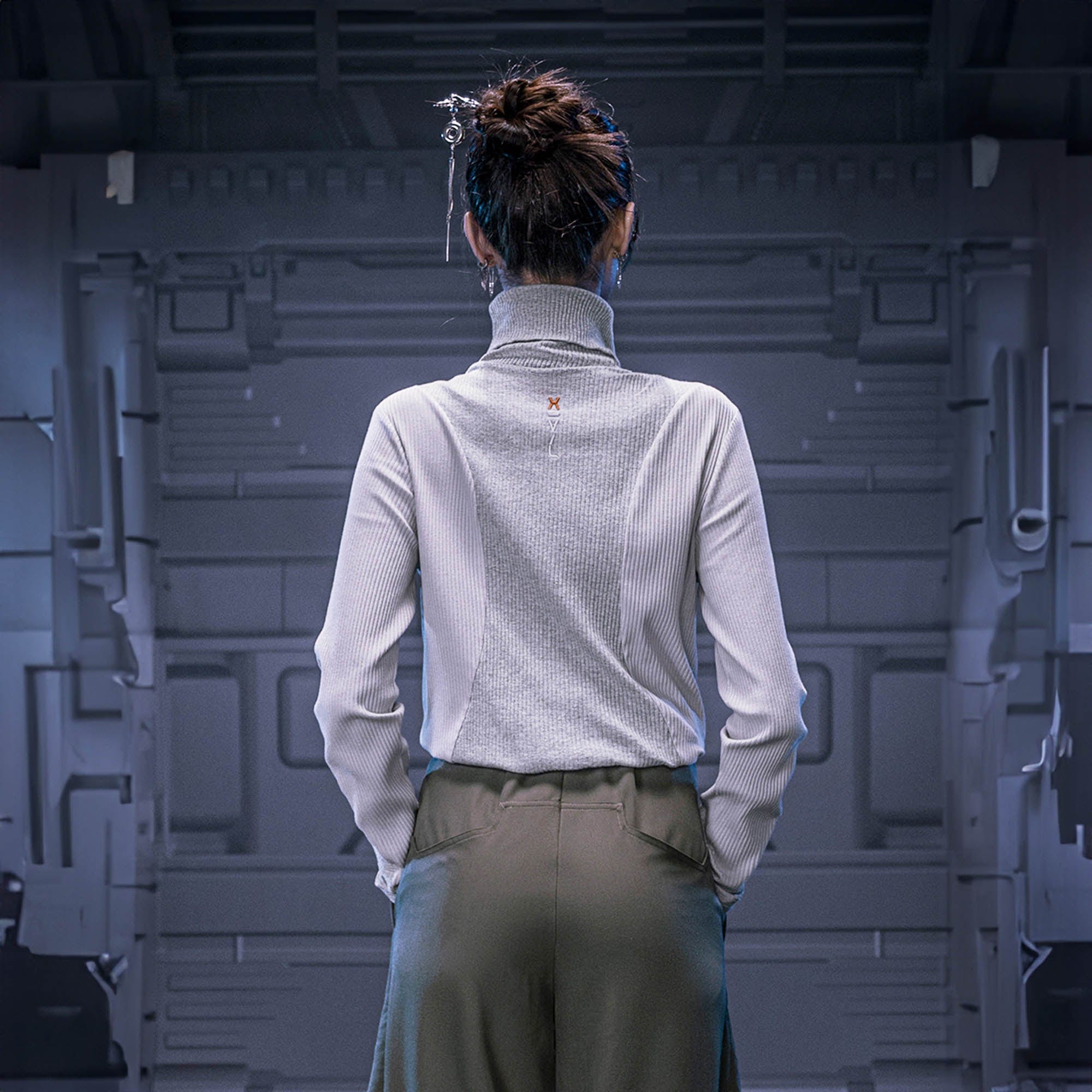 XIPHEVIL Ribbed Paneled Turtleneck Long-Sleeve Tee Grey-L/S Tee-XS-Free Shipping Leatheretro